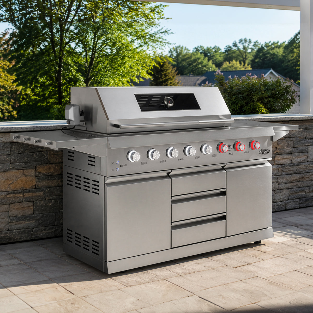Cosmo Newport 58 in. Stainless Steel Propane Gas Grill with Side Griddle, Infrared Rotisserie and Knob LEDs | COS-GGFN587GSS