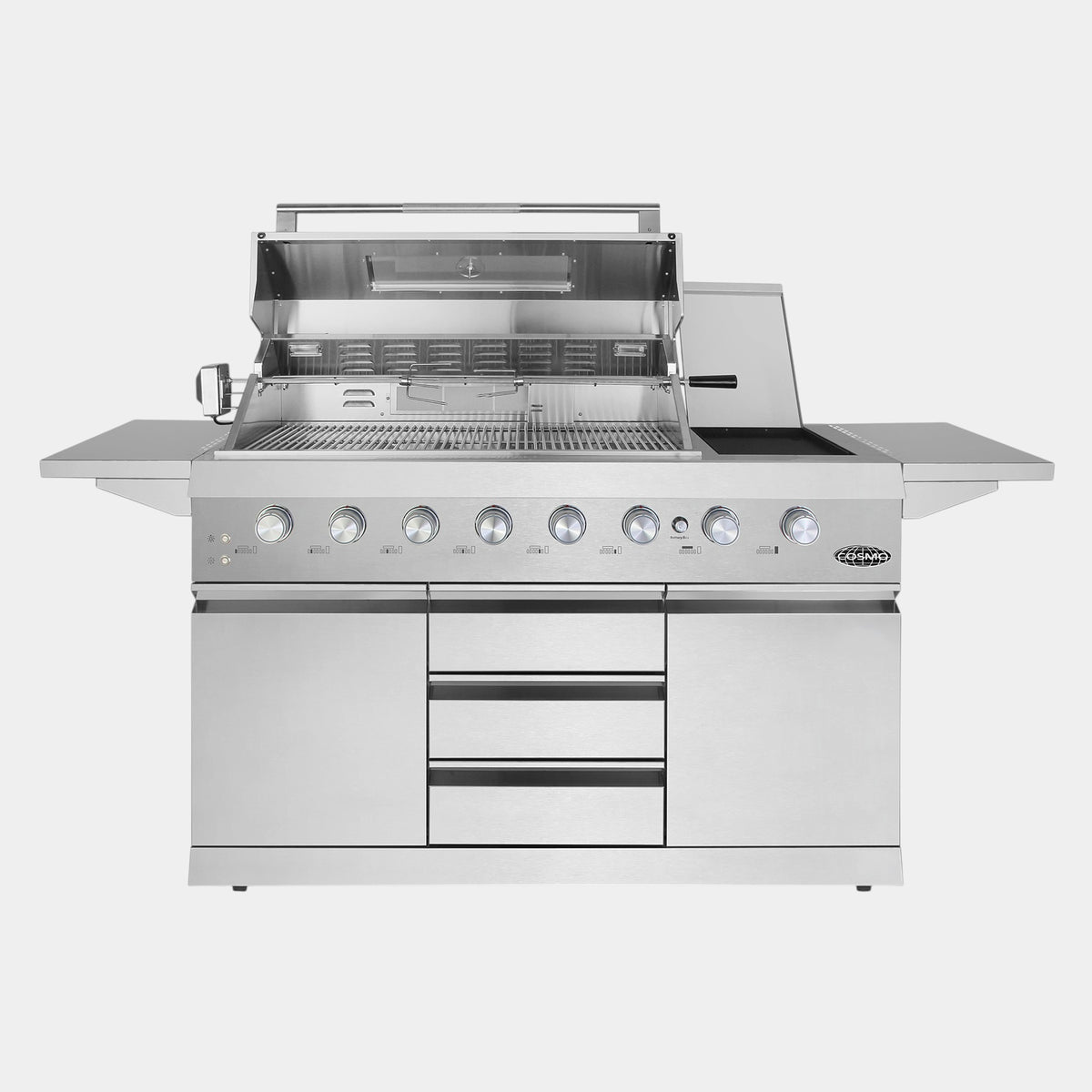 Cosmo Newport 58 in. Stainless Steel Propane Gas Grill with Side Griddle, Infrared Rotisserie and Knob LEDs | COS-GGFN587GSS