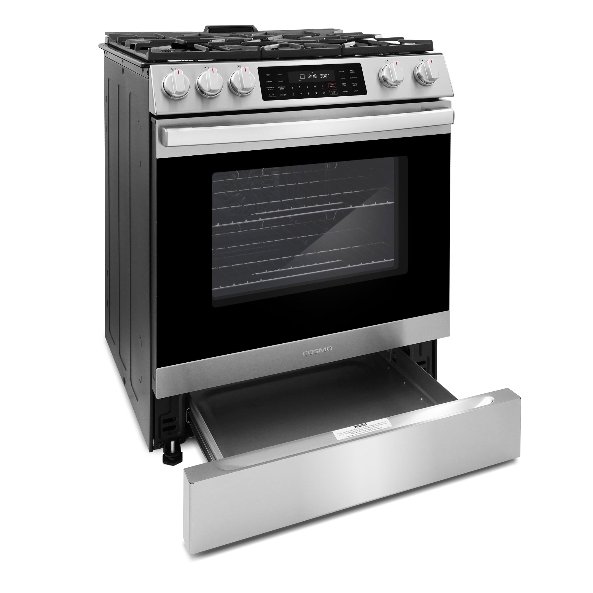 Cosmo Lumin 30 in. 6.1 cu. ft. Stainless Steel Gas Range with Self-Clean, Air Fry and Storage Drawer | COS-GRC305KTD