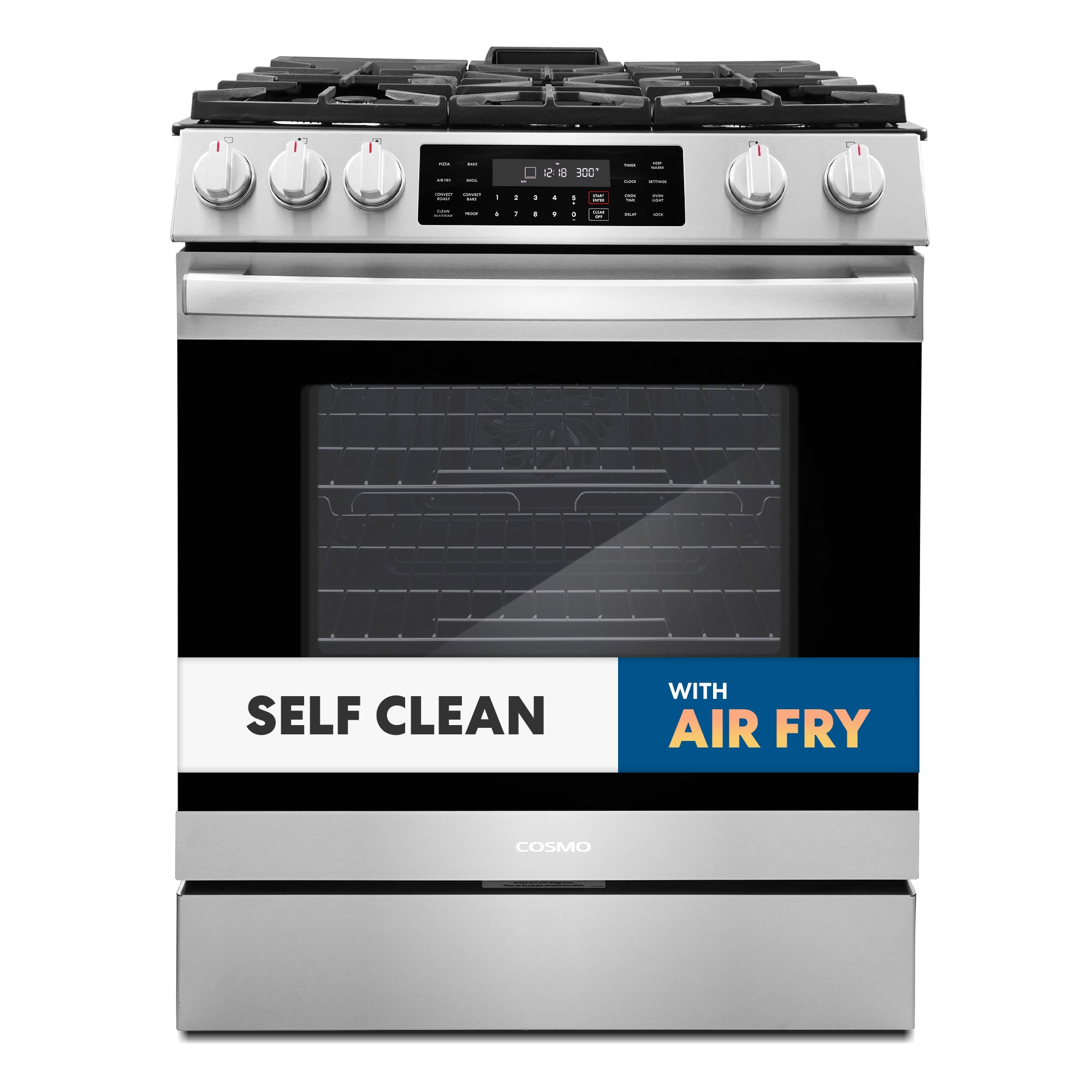 Cosmo Lumin 30 in. 6.1 cu. ft. Stainless Steel Gas Range with Self-Clean, Air Fry and Storage Drawer | COS-GRC305KTD