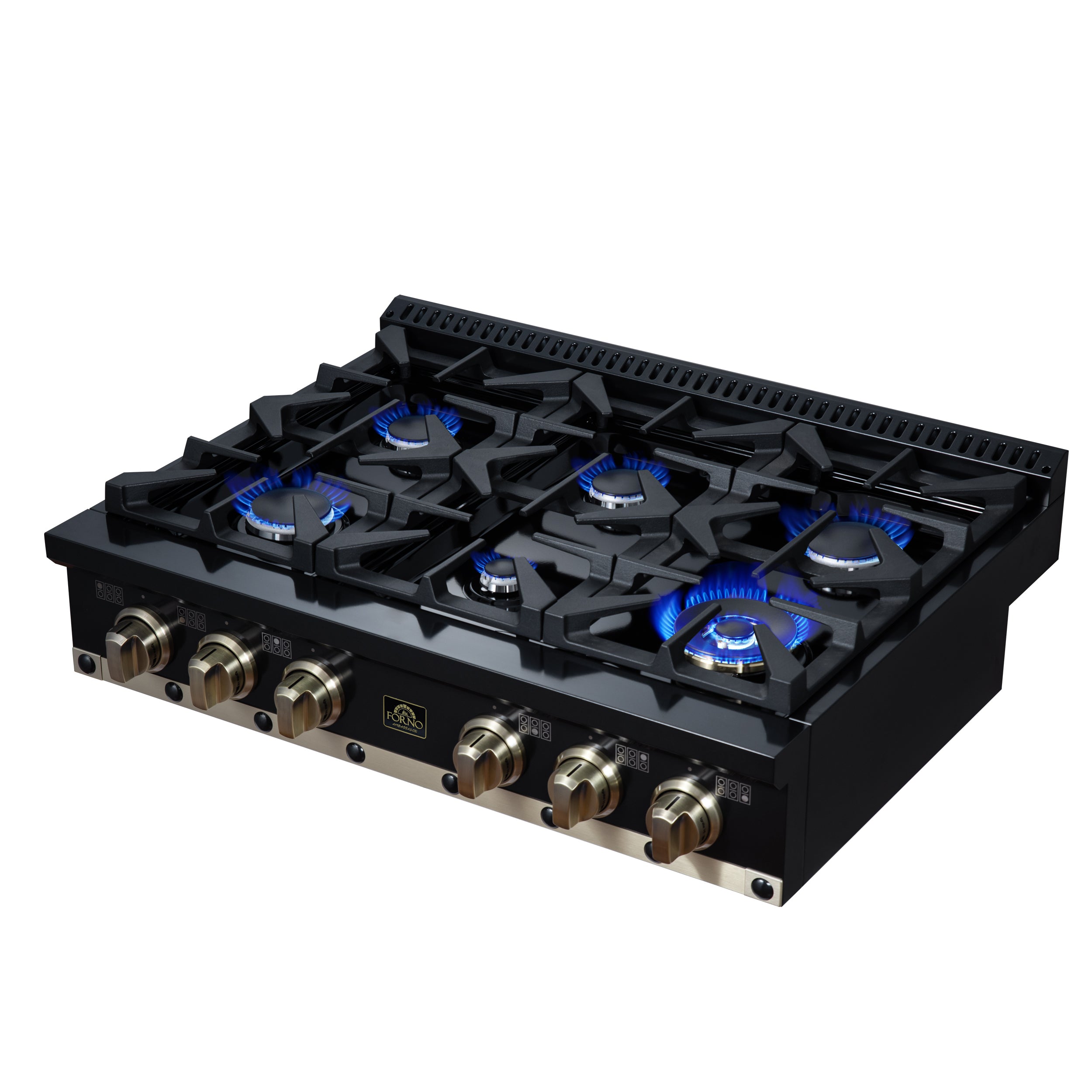 Forno Valente 36 in. Black Gas Rangetop with 6 Sealed Burners and Cast Iron Grates | FCTGS5799-36CPBLK