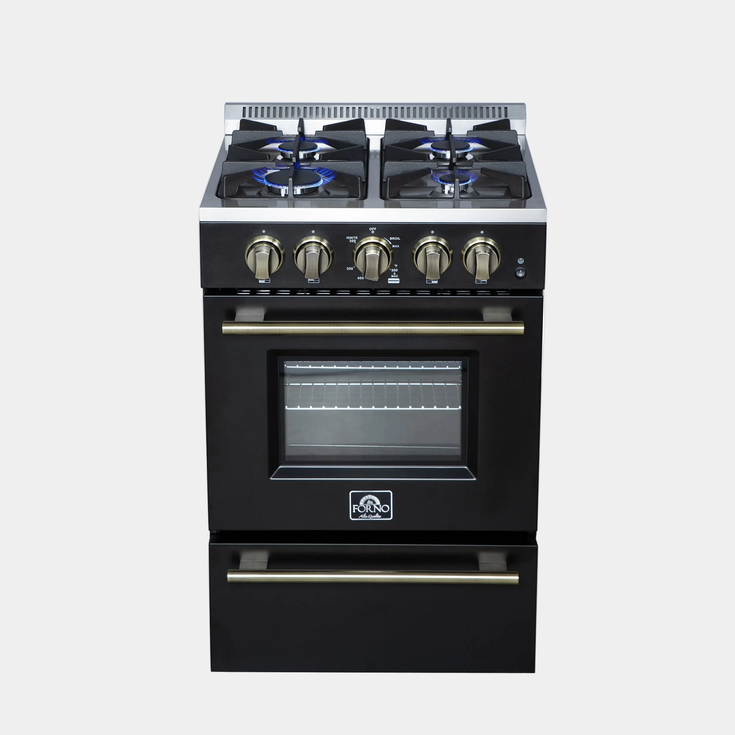 Forno Breno 24 in. 2.3 cu.ft. Black Gas Range with 4 Burners, Air Fry Kit, Storage Drawer and Antique Brass Accents | FFSGS6272-24BLK