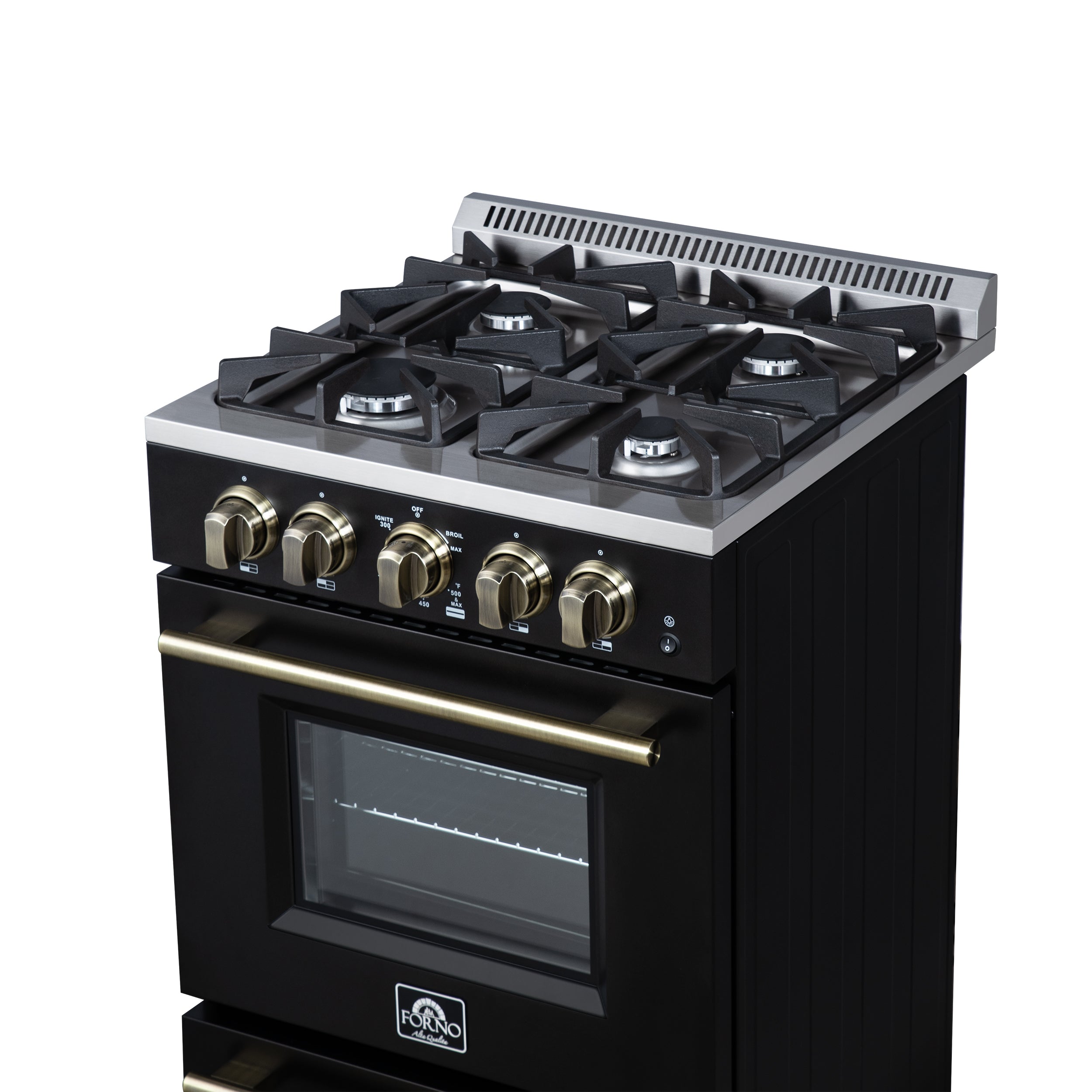 Forno Breno 24 in. 2.3 cu.ft. Black Gas Range with 4 Burners, Air Fry Kit, Storage Drawer and Antique Brass Accents | FFSGS6272-24BLK