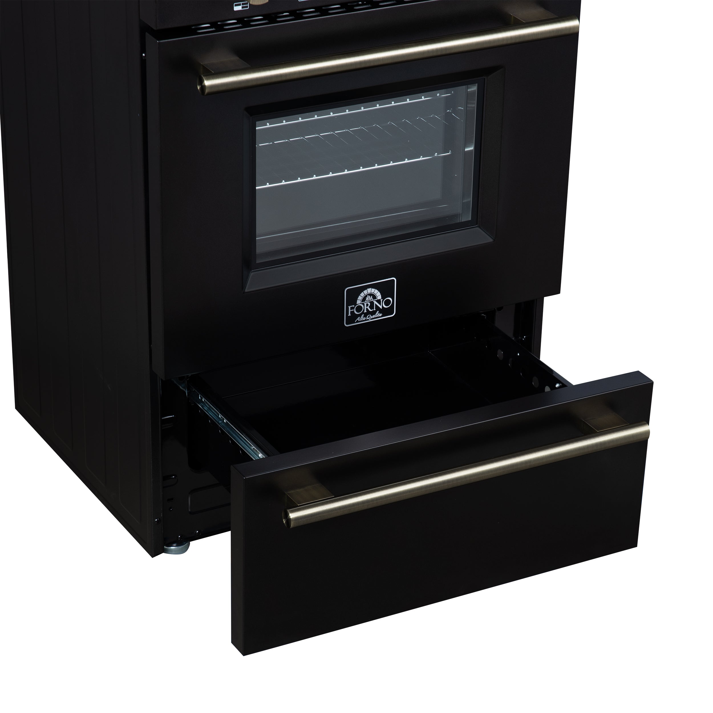 Forno Breno 24 in. 2.3 cu.ft. Black Gas Range with 4 Burners, Air Fry Kit, Storage Drawer and Antique Brass Accents | FFSGS6272-24BLK