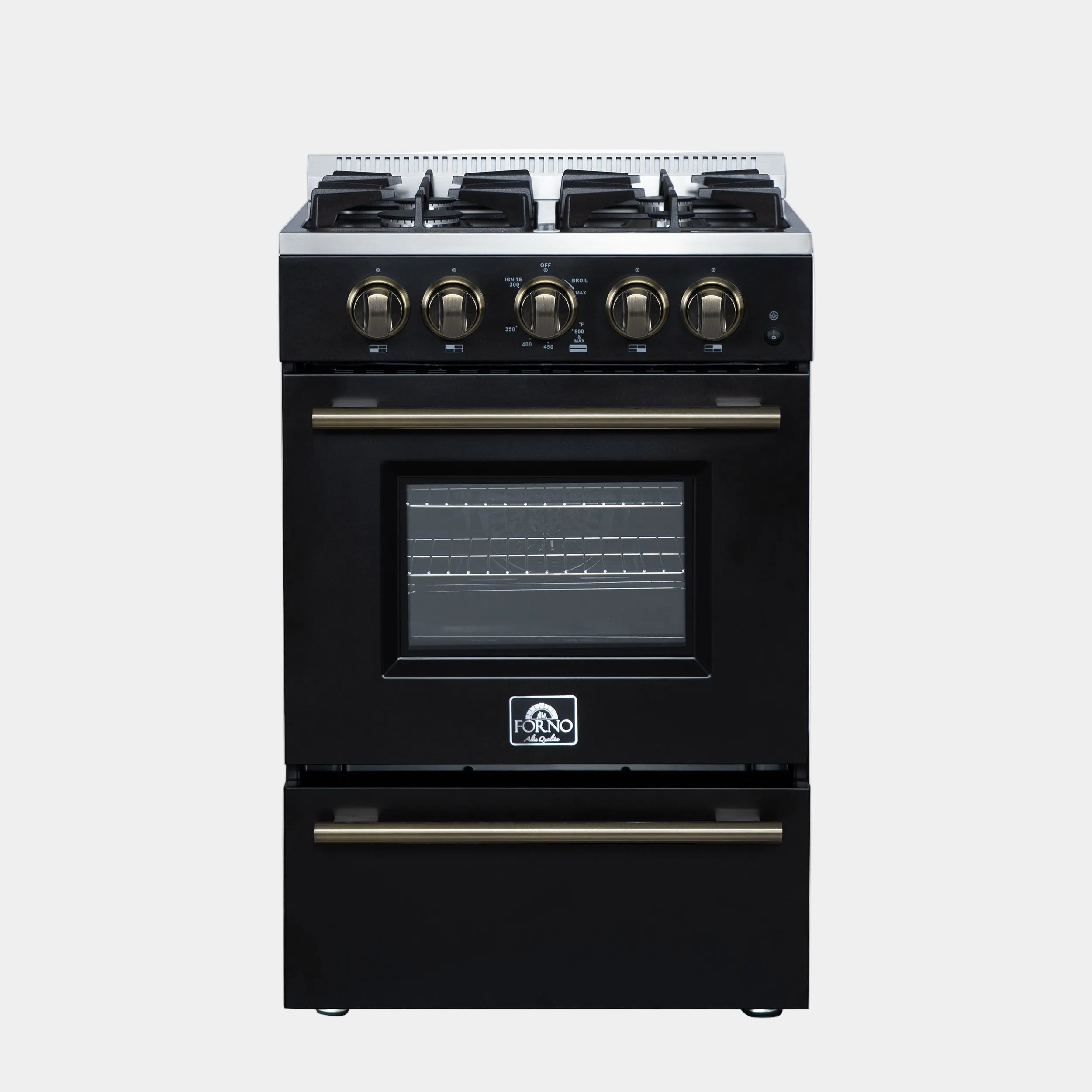Forno Breno 24 in. 2.3 cu.ft. Black Gas Range with 4 Burners, Air Fry Kit, Storage Drawer and Antique Brass Accents | FFSGS6272-24BLK