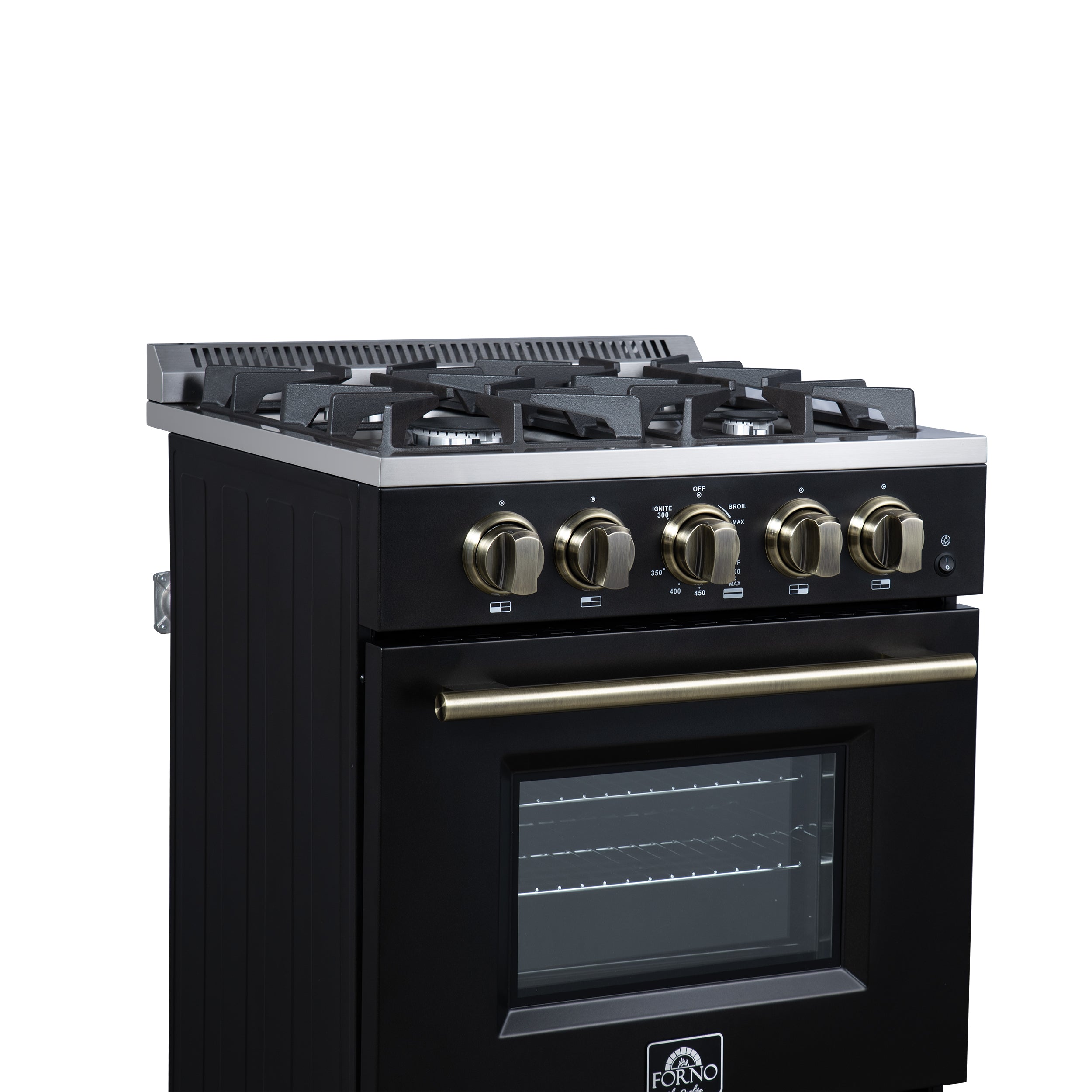 Forno Breno 24 in. 2.3 cu.ft. Black Gas Range with 4 Burners, Air Fry Kit, Storage Drawer and Antique Brass Accents | FFSGS6272-24BLK