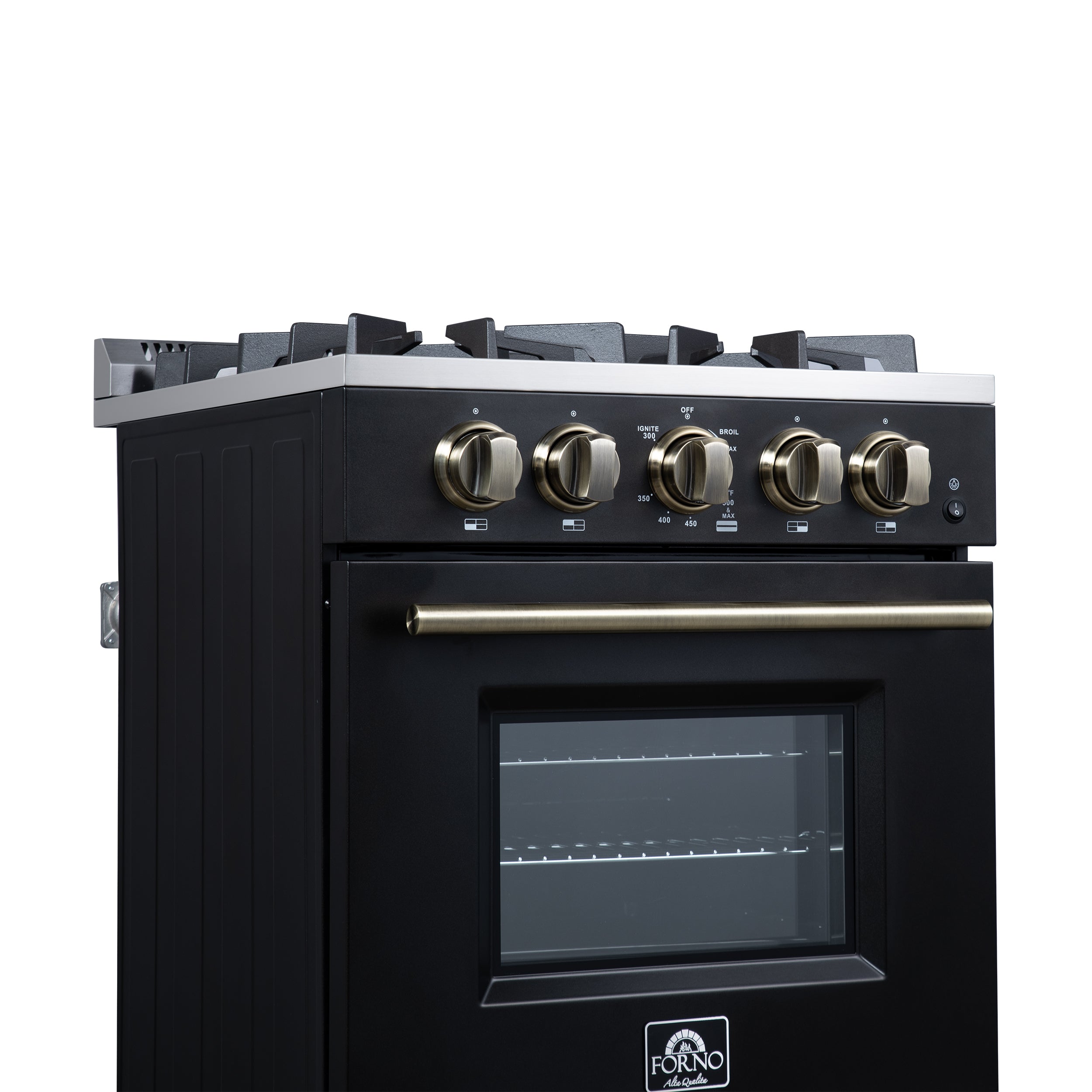 Forno Breno 24 in. 2.3 cu.ft. Black Gas Range with 4 Burners, Air Fry Kit, Storage Drawer and Antique Brass Accents | FFSGS6272-24BLK