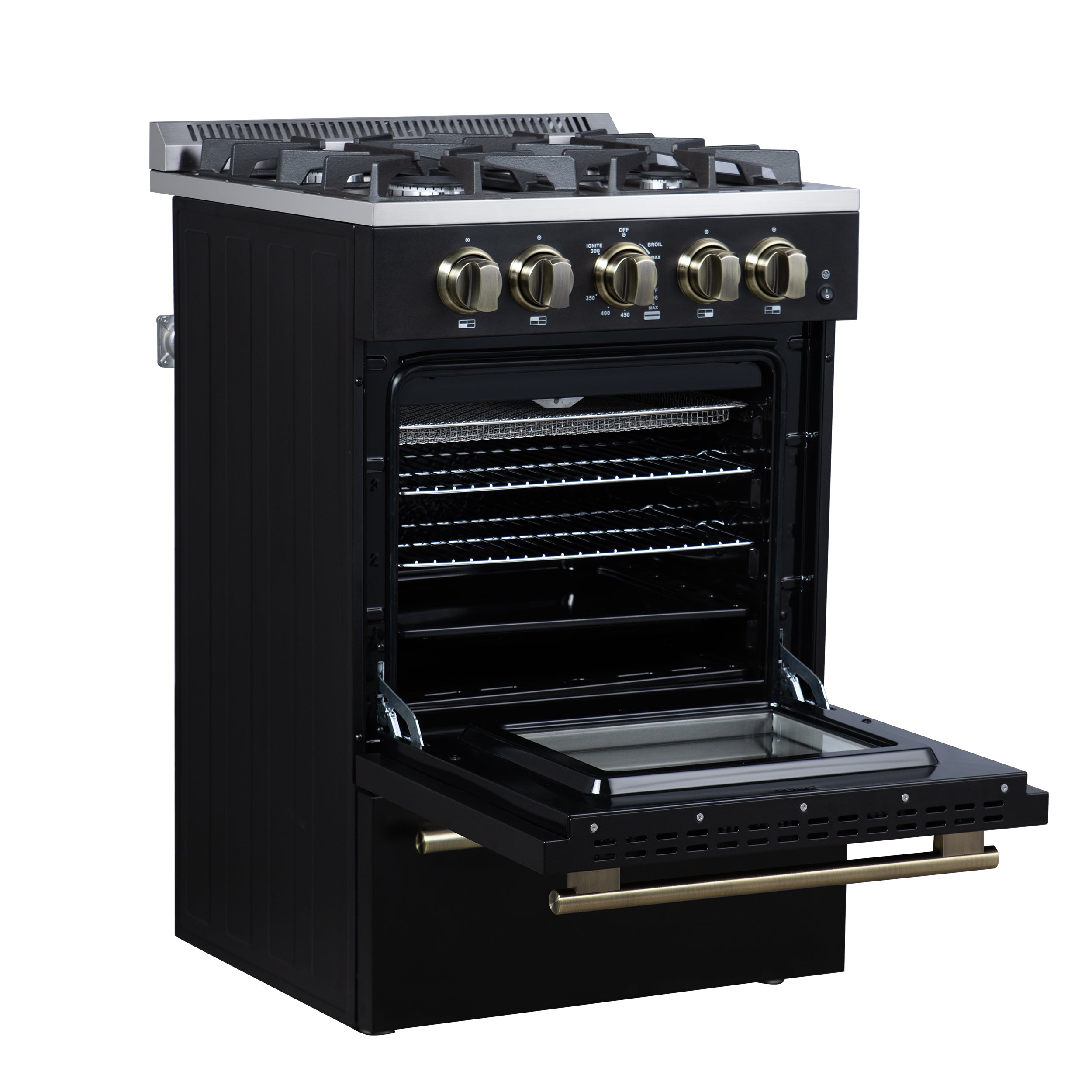 Forno Breno 24 in. 2.3 cu.ft. Black Gas Range with 4 Burners, Air Fry Kit, Storage Drawer and Antique Brass Accents | FFSGS6272-24BLK