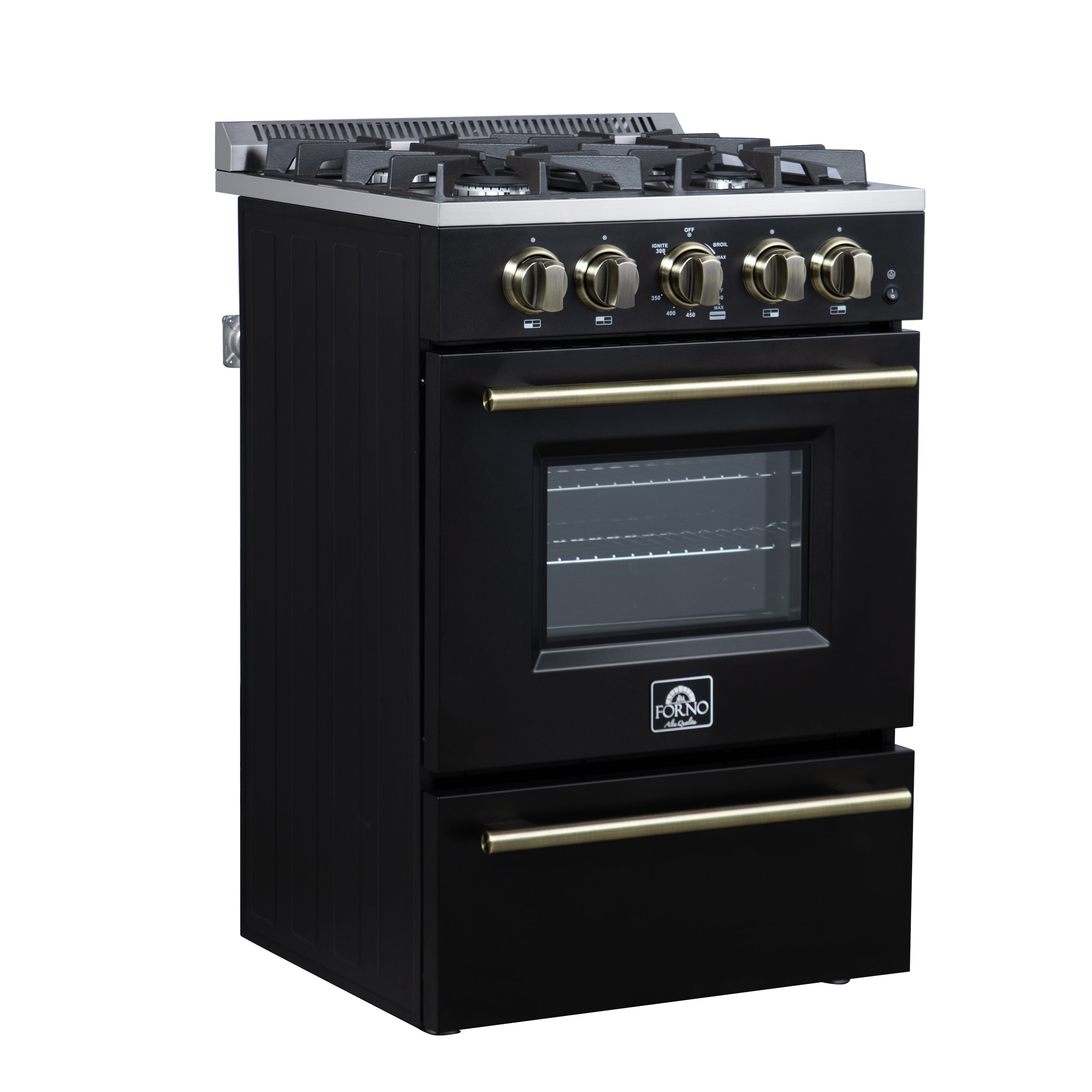 Forno Breno 24 in. 2.3 cu.ft. Black Gas Range with 4 Burners, Air Fry Kit, Storage Drawer and Antique Brass Accents | FFSGS6272-24BLK