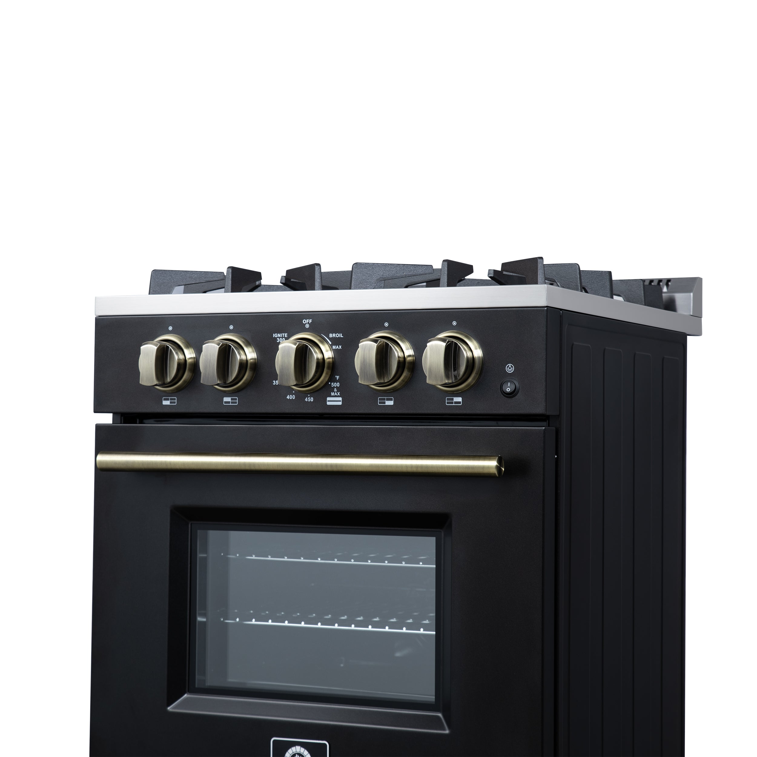 Forno Breno 24 in. 2.3 cu.ft. Black Gas Range with 4 Burners, Air Fry Kit, Storage Drawer and Antique Brass Accents | FFSGS6272-24BLK
