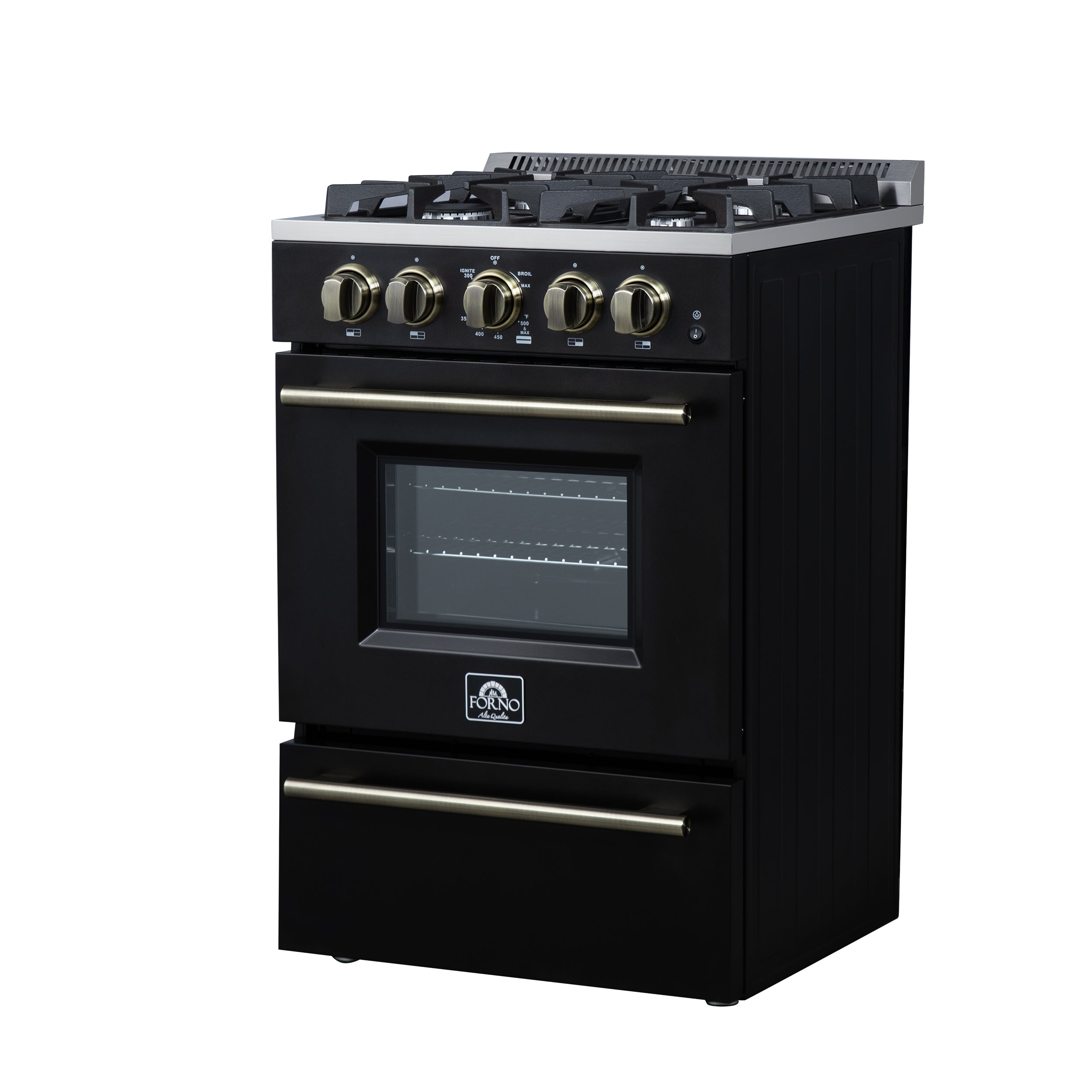 Forno Breno 24 in. 2.3 cu.ft. Black Gas Range with 4 Burners, Air Fry Kit, Storage Drawer and Antique Brass Accents | FFSGS6272-24BLK