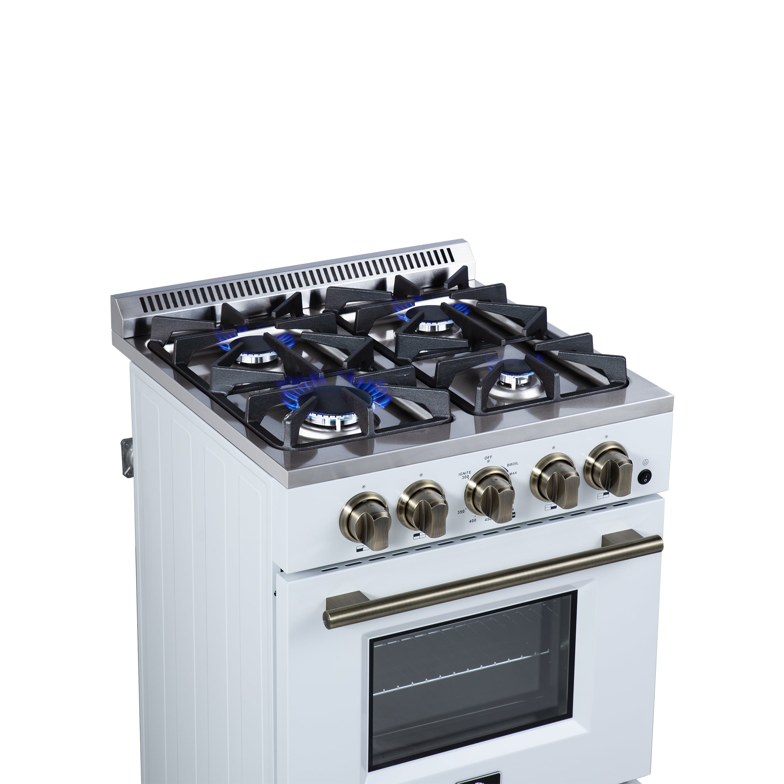 Forno Breno 24 in. 2.3 cu.ft. White Gas Range with 4 Burners, Air Fry Kit, Storage Drawer and Antique Brass Accents | FFSGS6272-24WHT