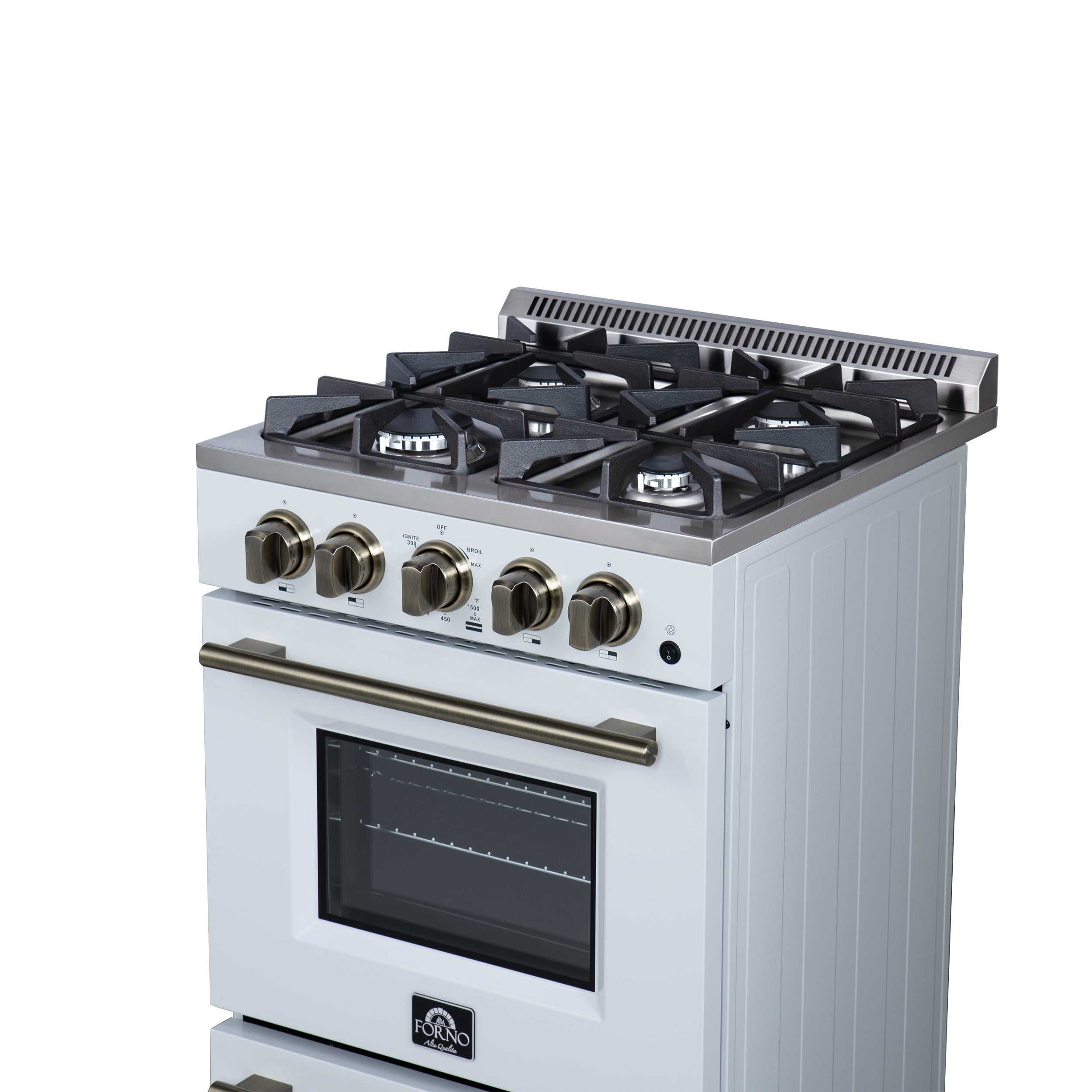Forno Breno 24 in. 2.3 cu.ft. White Gas Range with 4 Burners, Air Fry Kit, Storage Drawer and Antique Brass Accents | FFSGS6272-24WHT