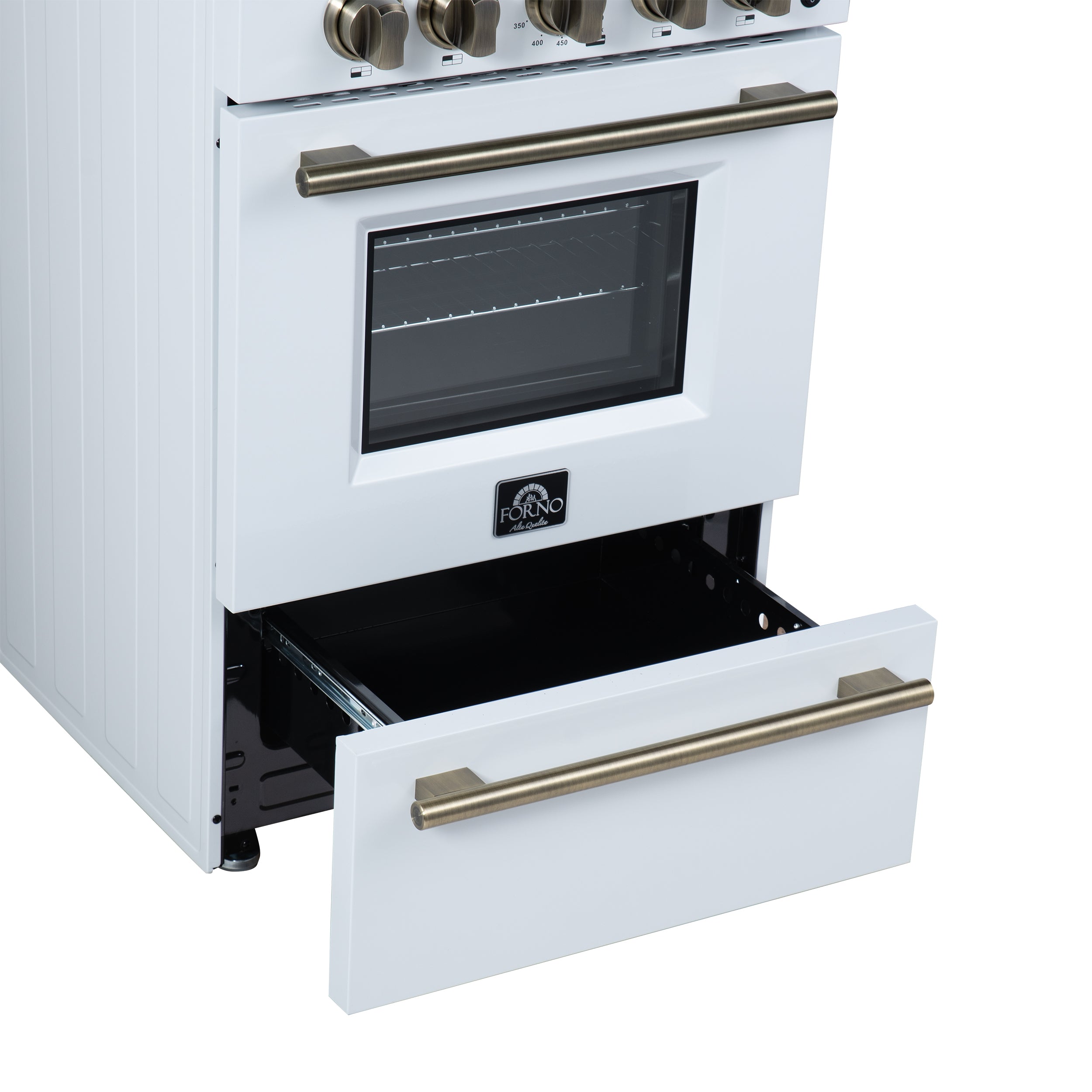 Forno Breno 24 in. 2.3 cu.ft. White Gas Range with 4 Burners, Air Fry Kit, Storage Drawer and Antique Brass Accents | FFSGS6272-24WHT