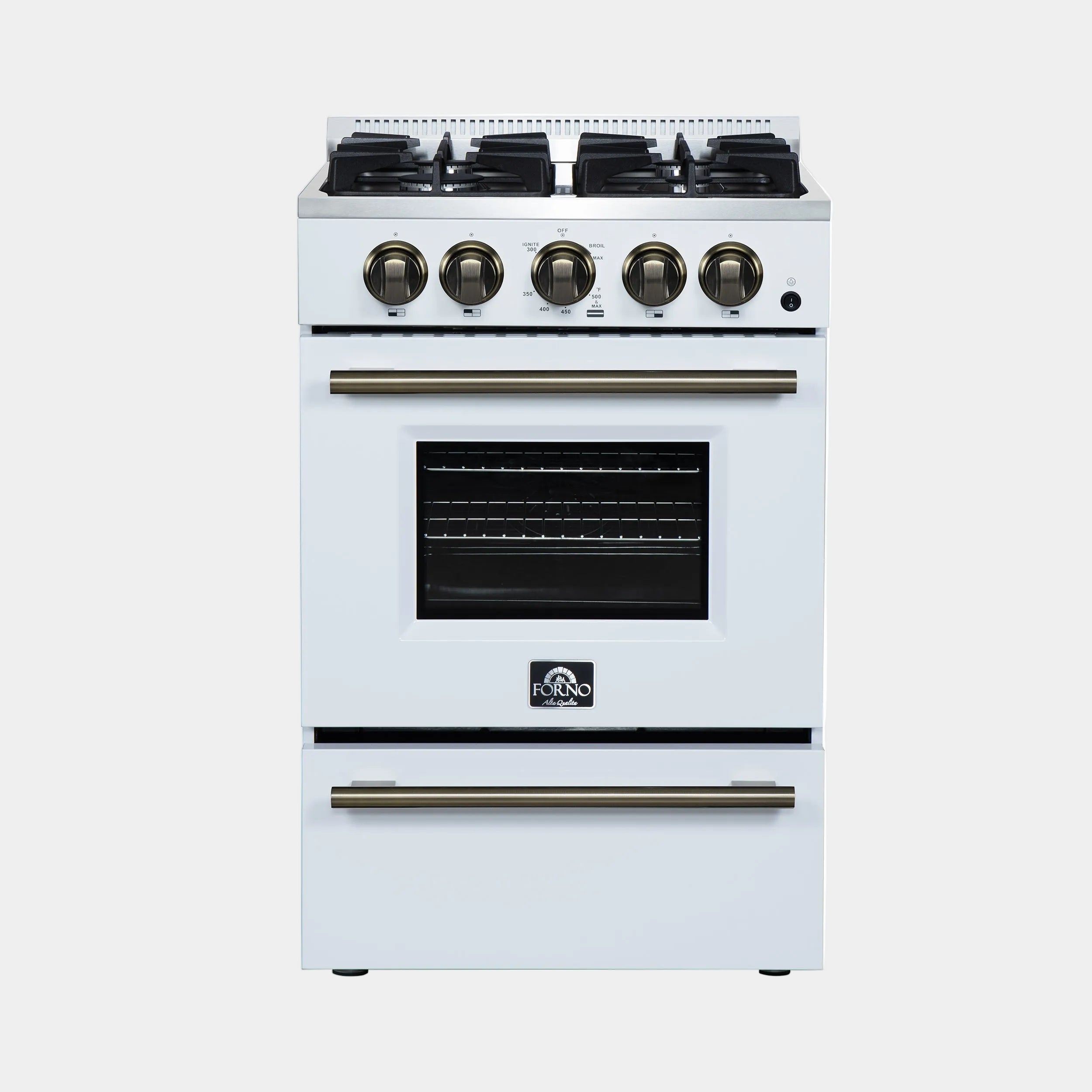 Forno Breno 24 in. 2.3 cu.ft. White Gas Range with 4 Burners, Air Fry Kit, Storage Drawer and Antique Brass Accents | FFSGS6272-24WHT