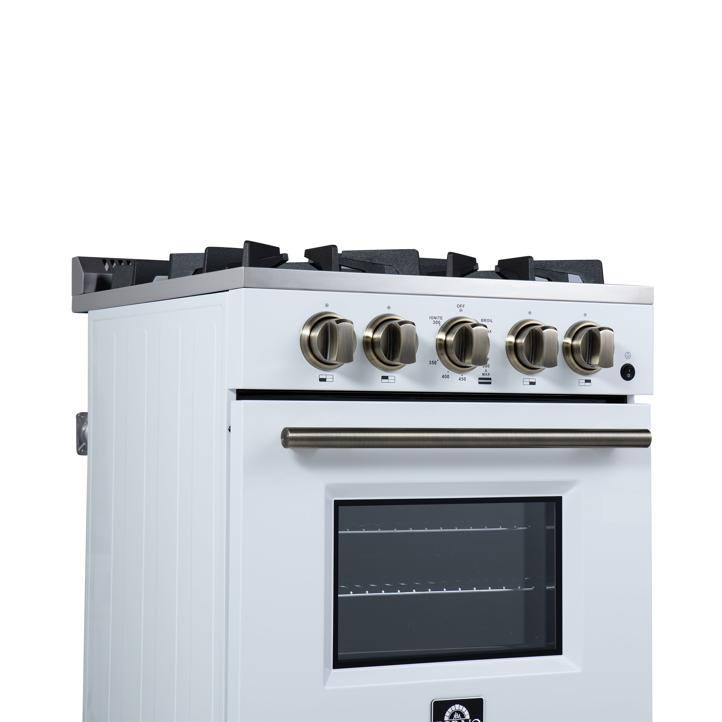 Forno Breno 24 in. 2.3 cu.ft. White Gas Range with 4 Burners, Air Fry Kit, Storage Drawer and Antique Brass Accents | FFSGS6272-24WHT