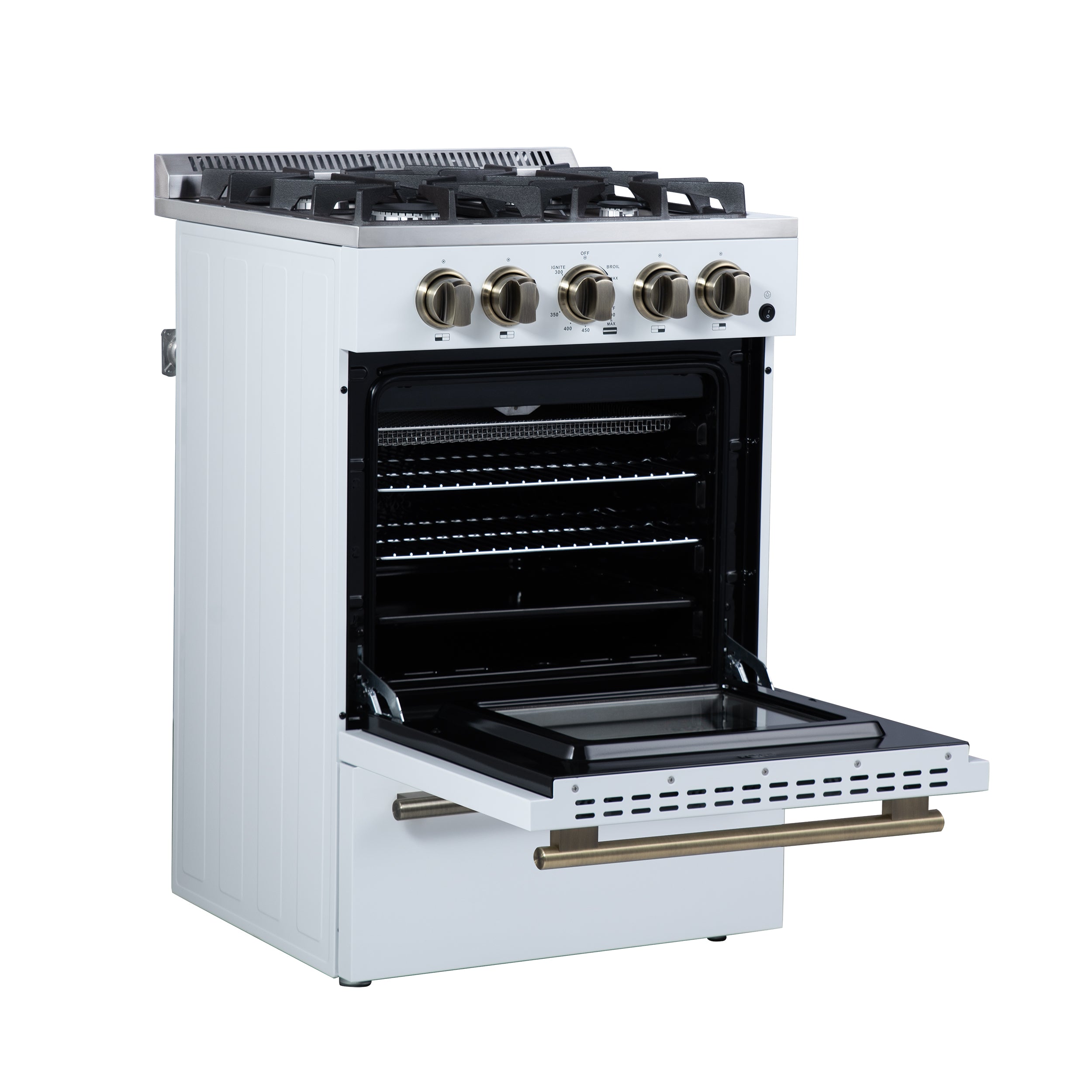 Forno Breno 24 in. 2.3 cu.ft. White Gas Range with 4 Burners, Air Fry Kit, Storage Drawer and Antique Brass Accents | FFSGS6272-24WHT