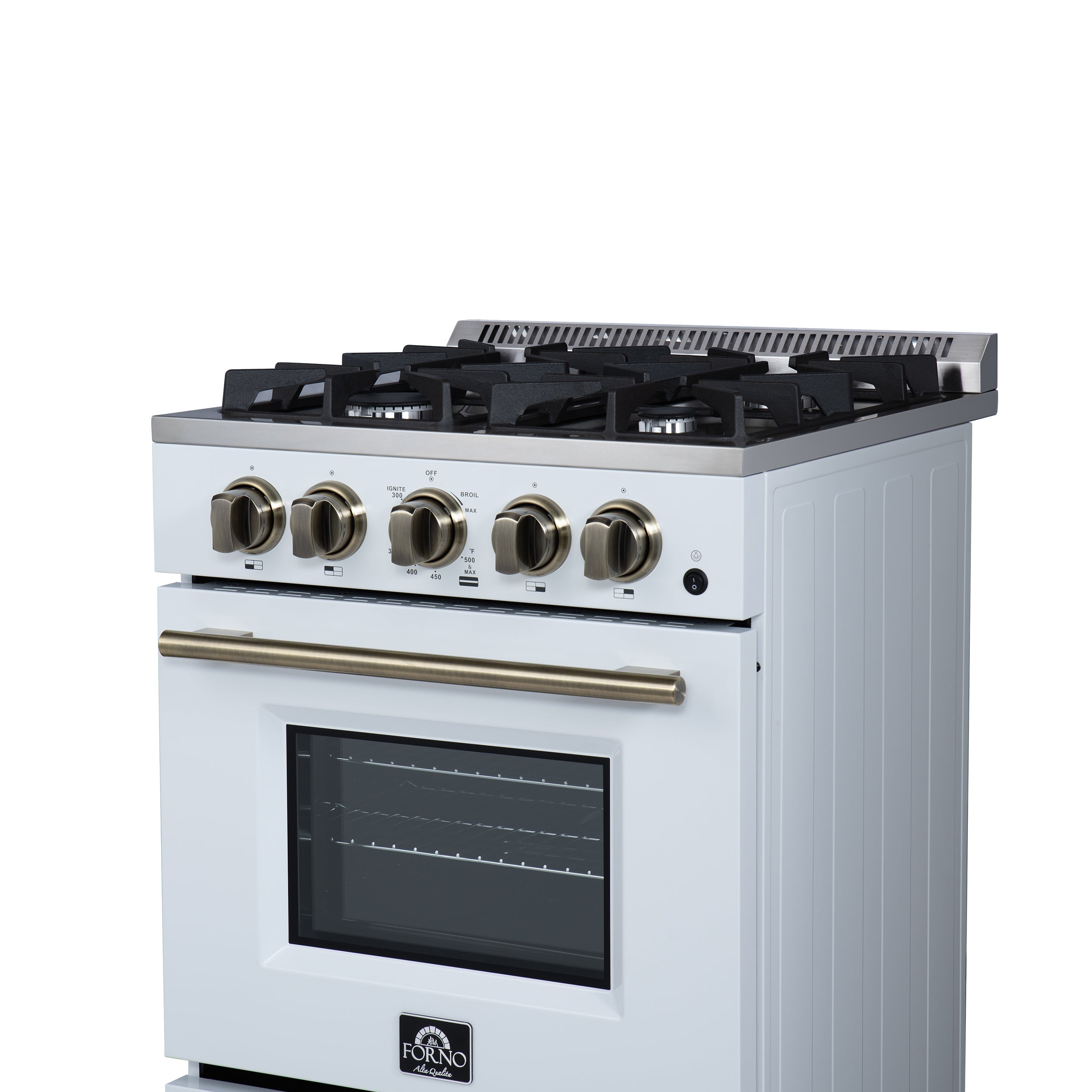 Forno Breno 24 in. 2.3 cu.ft. White Gas Range with 4 Burners, Air Fry Kit, Storage Drawer and Antique Brass Accents | FFSGS6272-24WHT