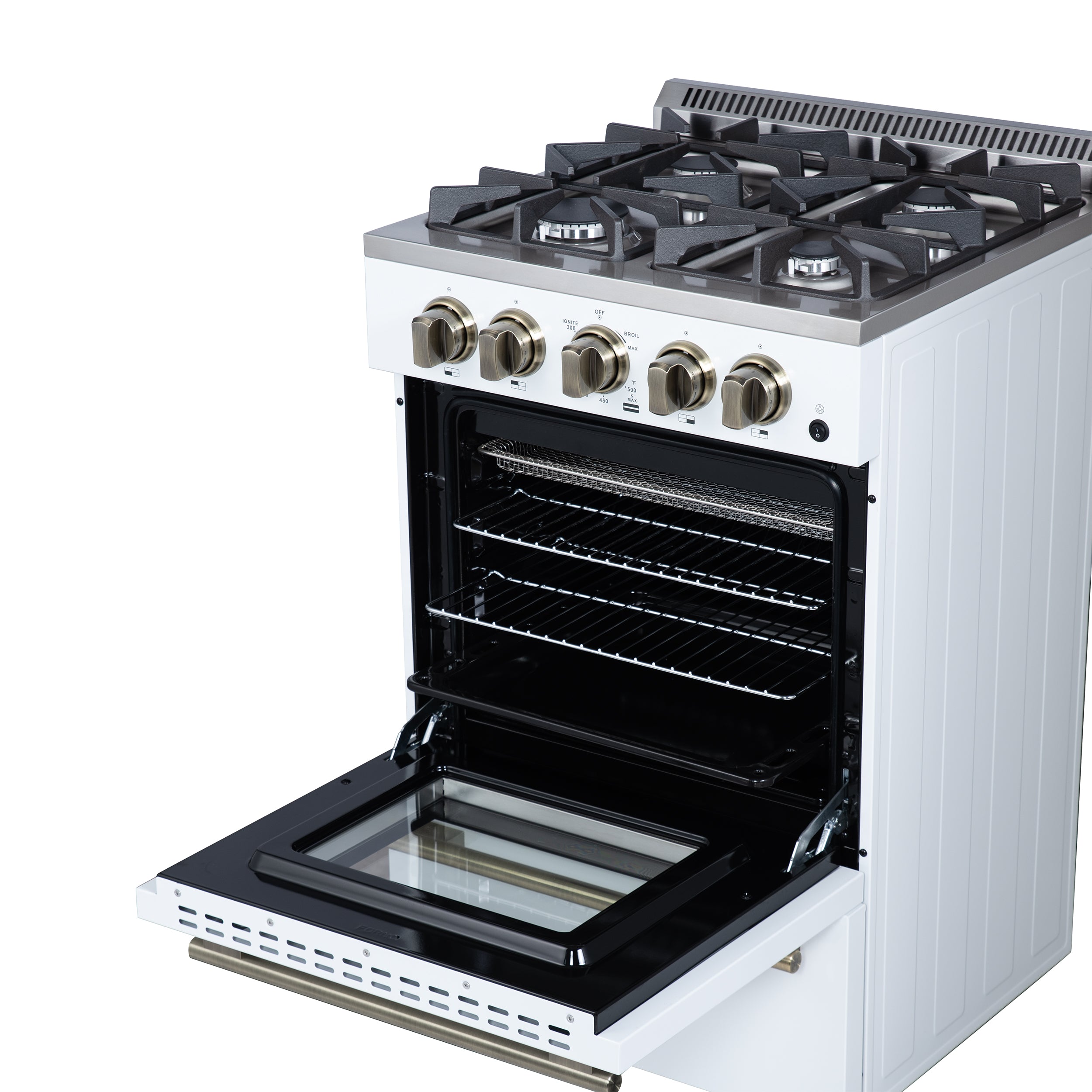 Forno Breno 24 in. 2.3 cu.ft. White Gas Range with 4 Burners, Air Fry Kit, Storage Drawer and Antique Brass Accents | FFSGS6272-24WHT