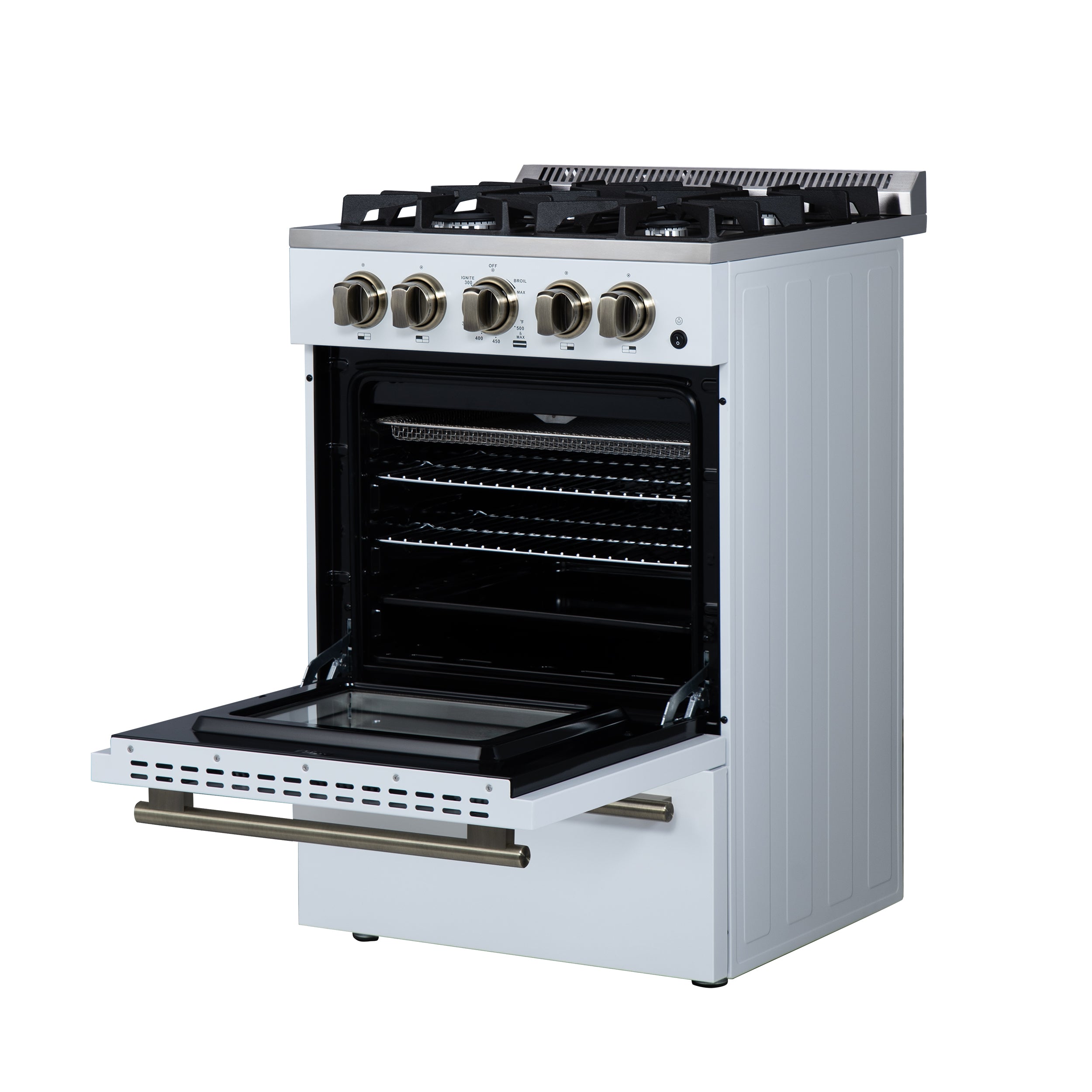 Forno Breno 24 in. 2.3 cu.ft. White Gas Range with 4 Burners, Air Fry Kit, Storage Drawer and Antique Brass Accents | FFSGS6272-24WHT