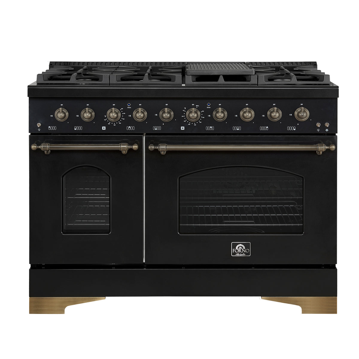 Forno Antico 48 in. 5.5 cu. ft. 8-Burner Black Gas Range with Antique Brass Accents | FFSGS6219-48BLK