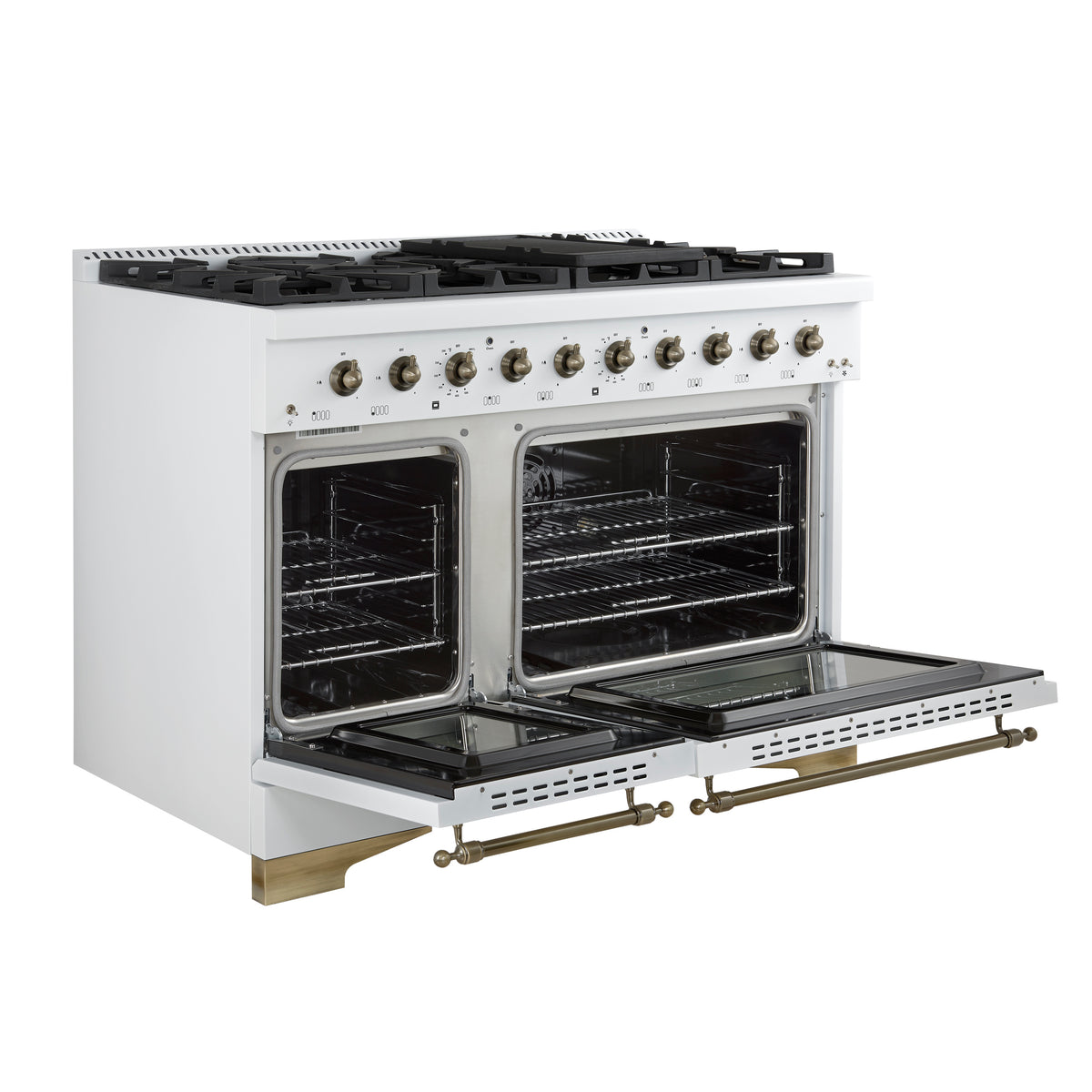 Forno Antico 48 in. 5.5 cu. ft. 8-Burner White Gas Range with Antique Brass Accents | FFSGS6219-48WHT