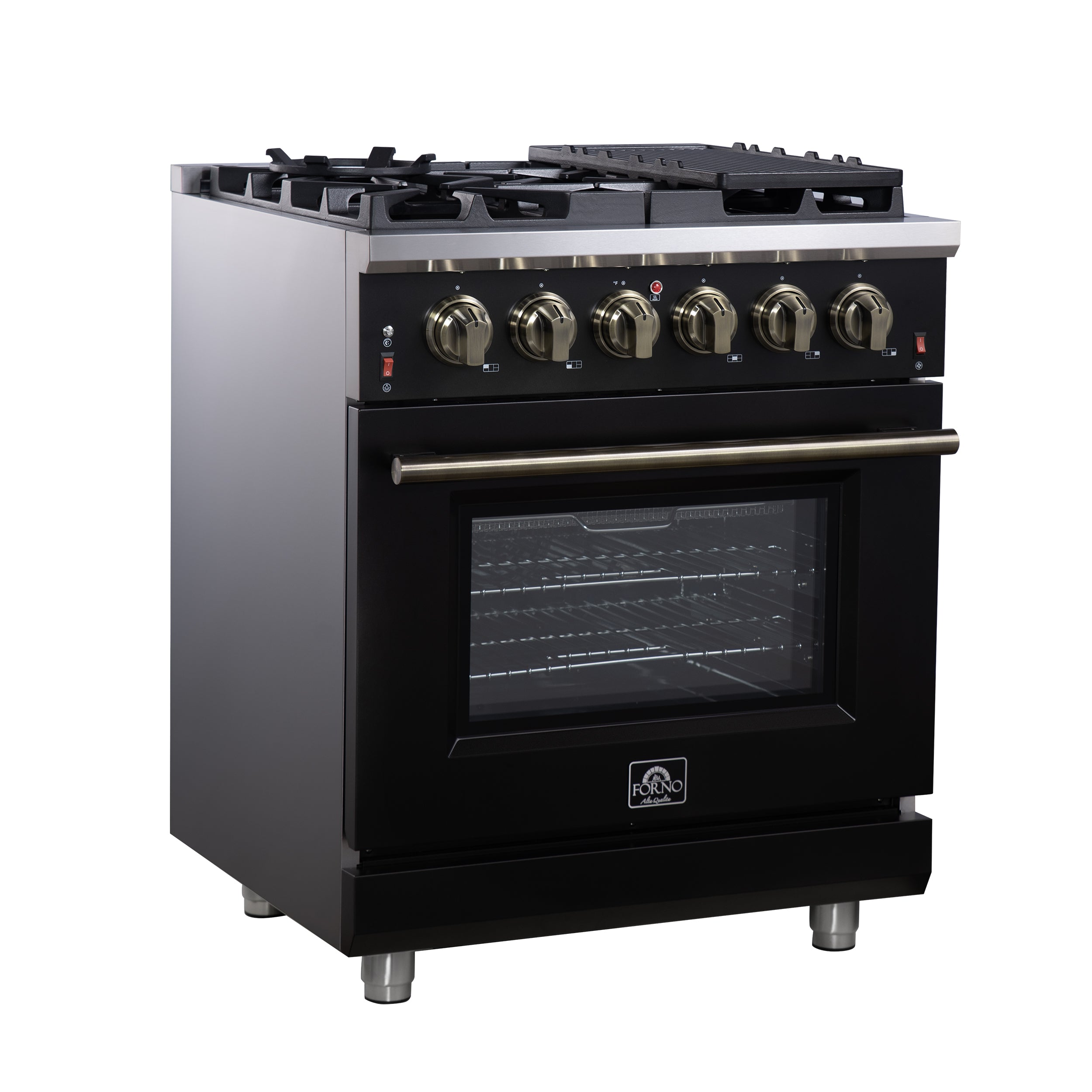 Forno Massimo 30 in. 4.32 cu. ft. 5-Burner Black Gas Range with Antique Brass Accents | FFSGS6239-30BLK
