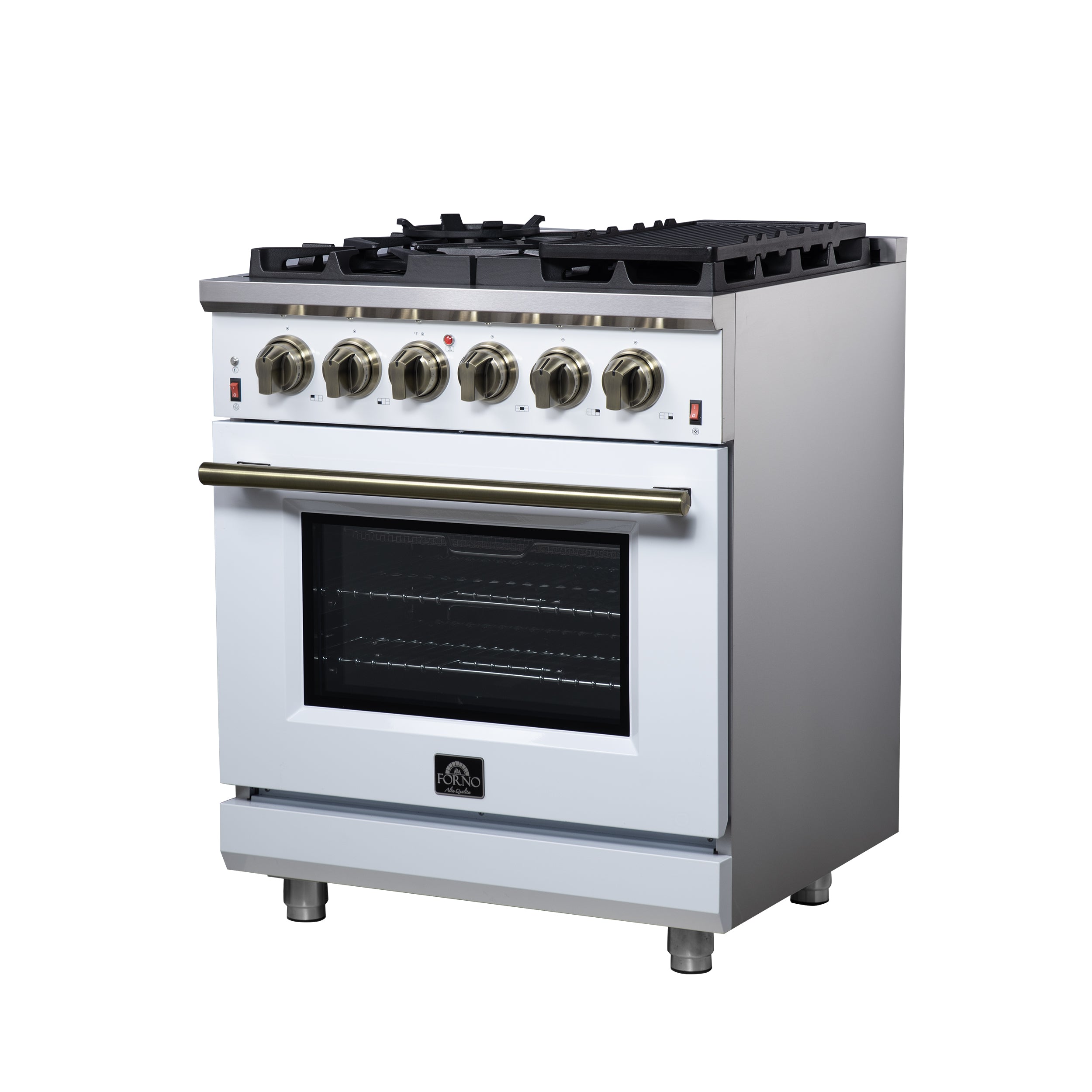 Forno Massimo 30 in. 4.32 cu. ft. 5-Burner White Gas Range with Antique Brass Accents | FFSGS6239-30WHT