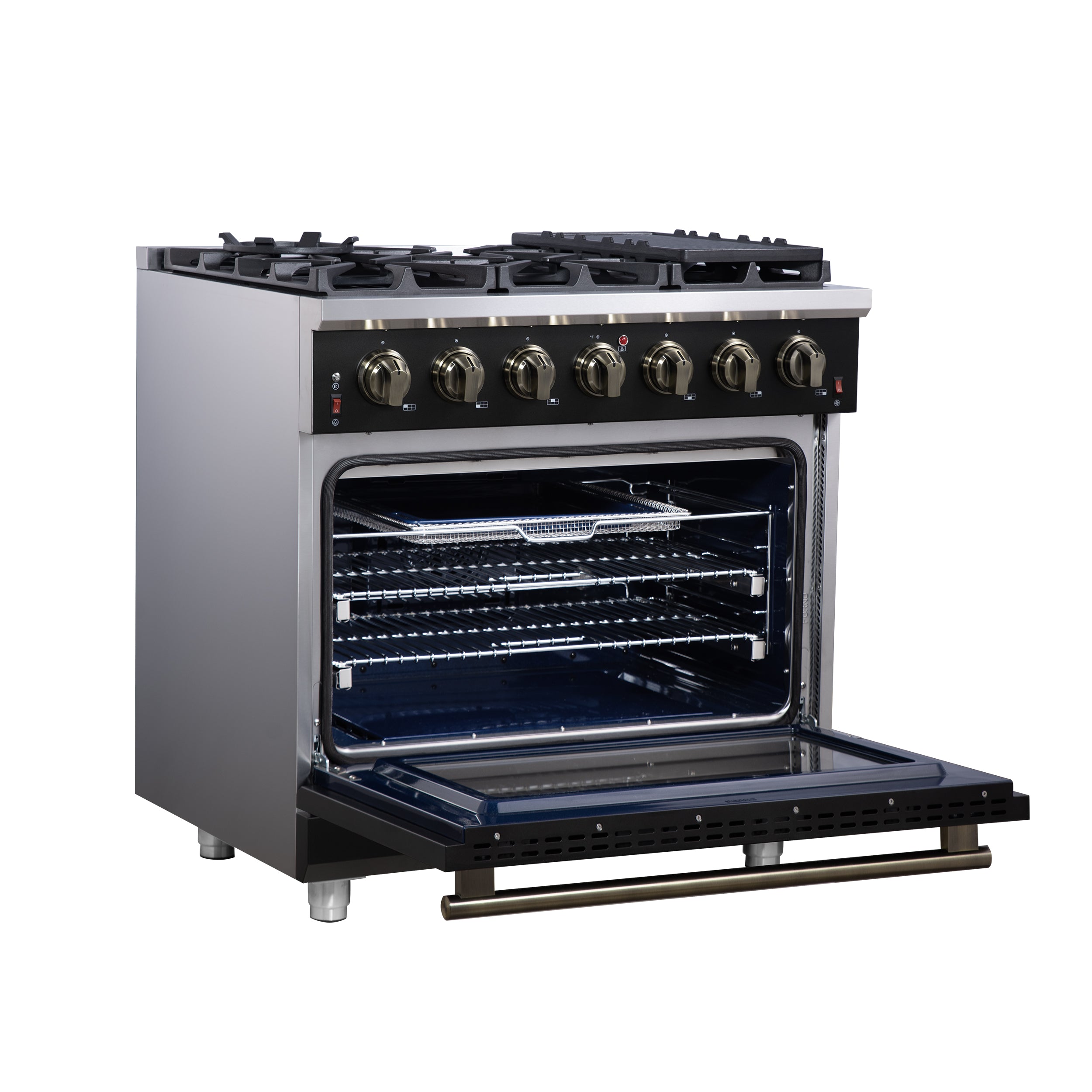 Forno Massimo 36 in. 5.36 cu. ft. 6-Burner Black Gas Range with Antique Brass Accents | FFSGS6239-36BLK