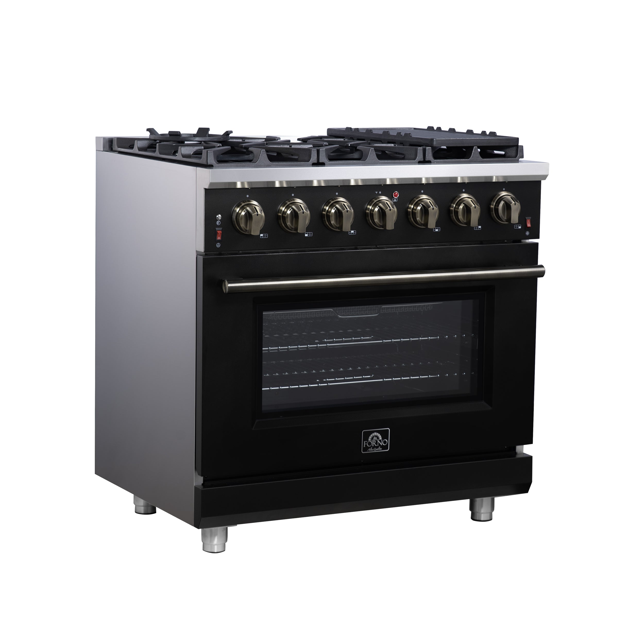 Forno Massimo 36 in. 5.36 cu. ft. 6-Burner Black Gas Range with Antique Brass Accents | FFSGS6239-36BLK
