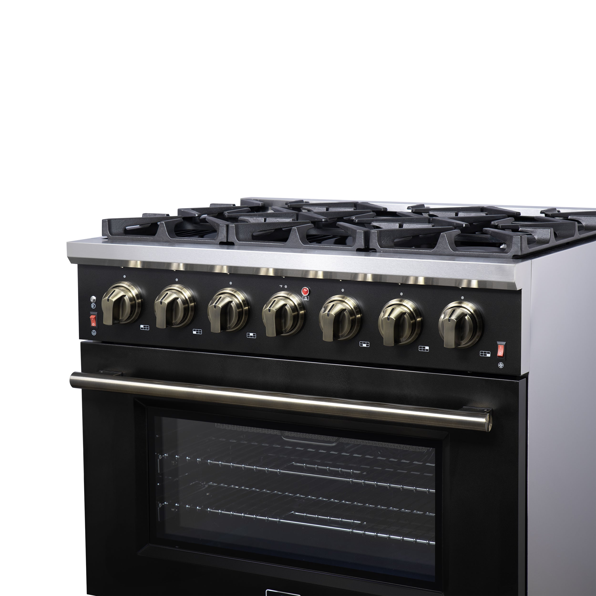 Forno Massimo 36 in. 5.36 cu. ft. 6-Burner Black Gas Range with Antique Brass Accents | FFSGS6239-36BLK