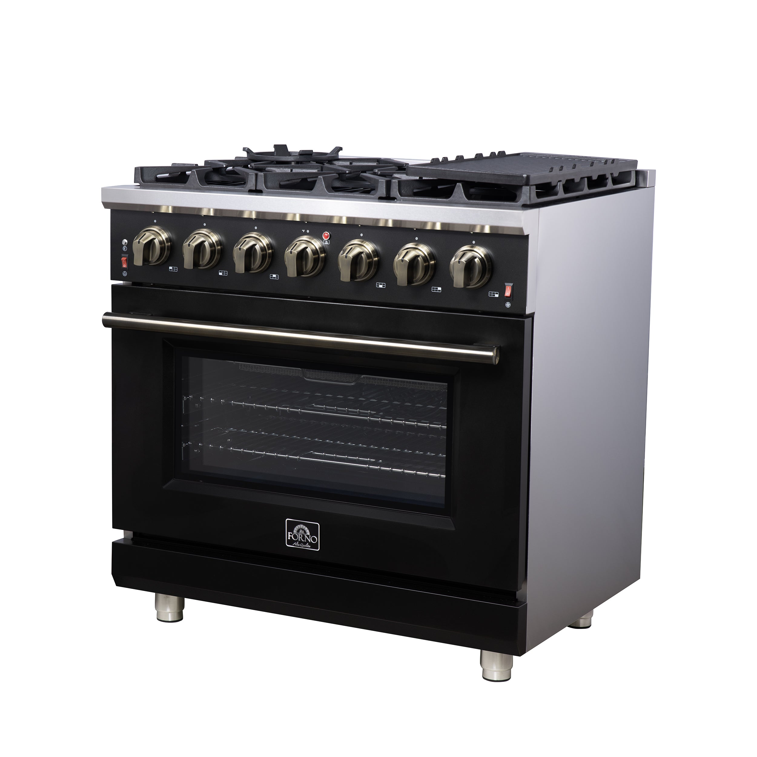 Forno Massimo 36 in. 5.36 cu. ft. 6-Burner Black Gas Range with Antique Brass Accents | FFSGS6239-36BLK