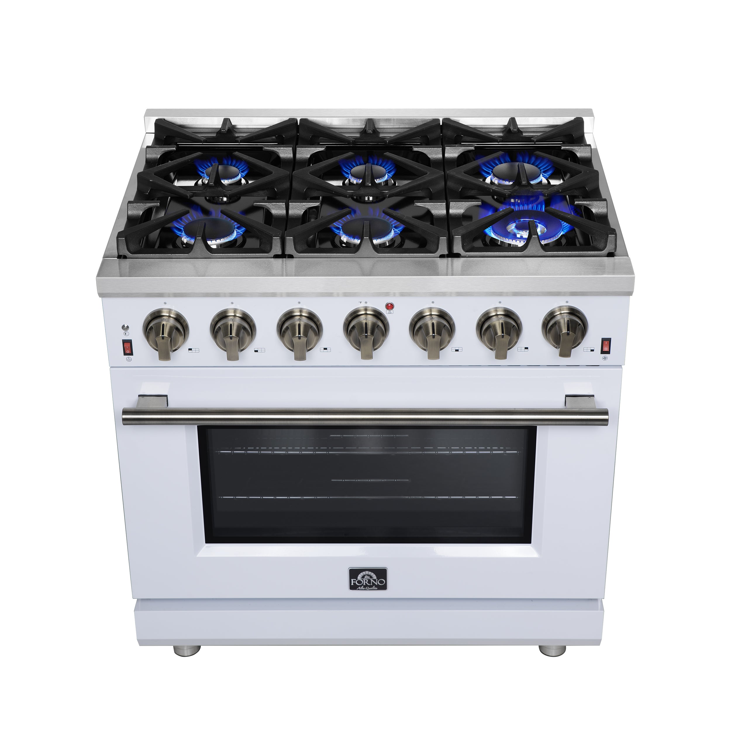 Forno Massimo 36 in. 5.36 cu. ft. 6-Burner White Gas Range with Antique Brass Accents | FFSGS6239-36WHT