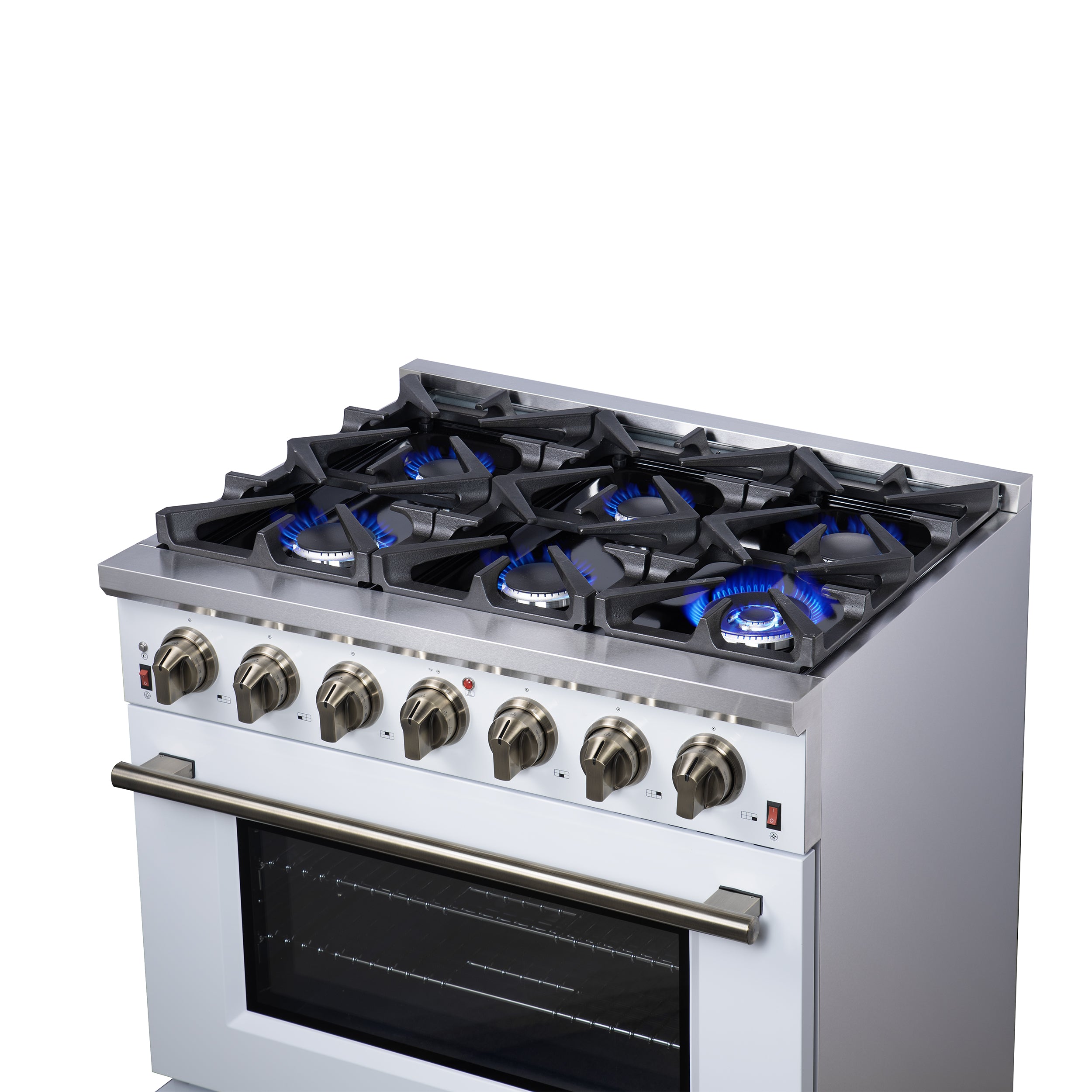 Forno Massimo 36 in. 5.36 cu. ft. 6-Burner White Gas Range with Antique Brass Accents | FFSGS6239-36WHT