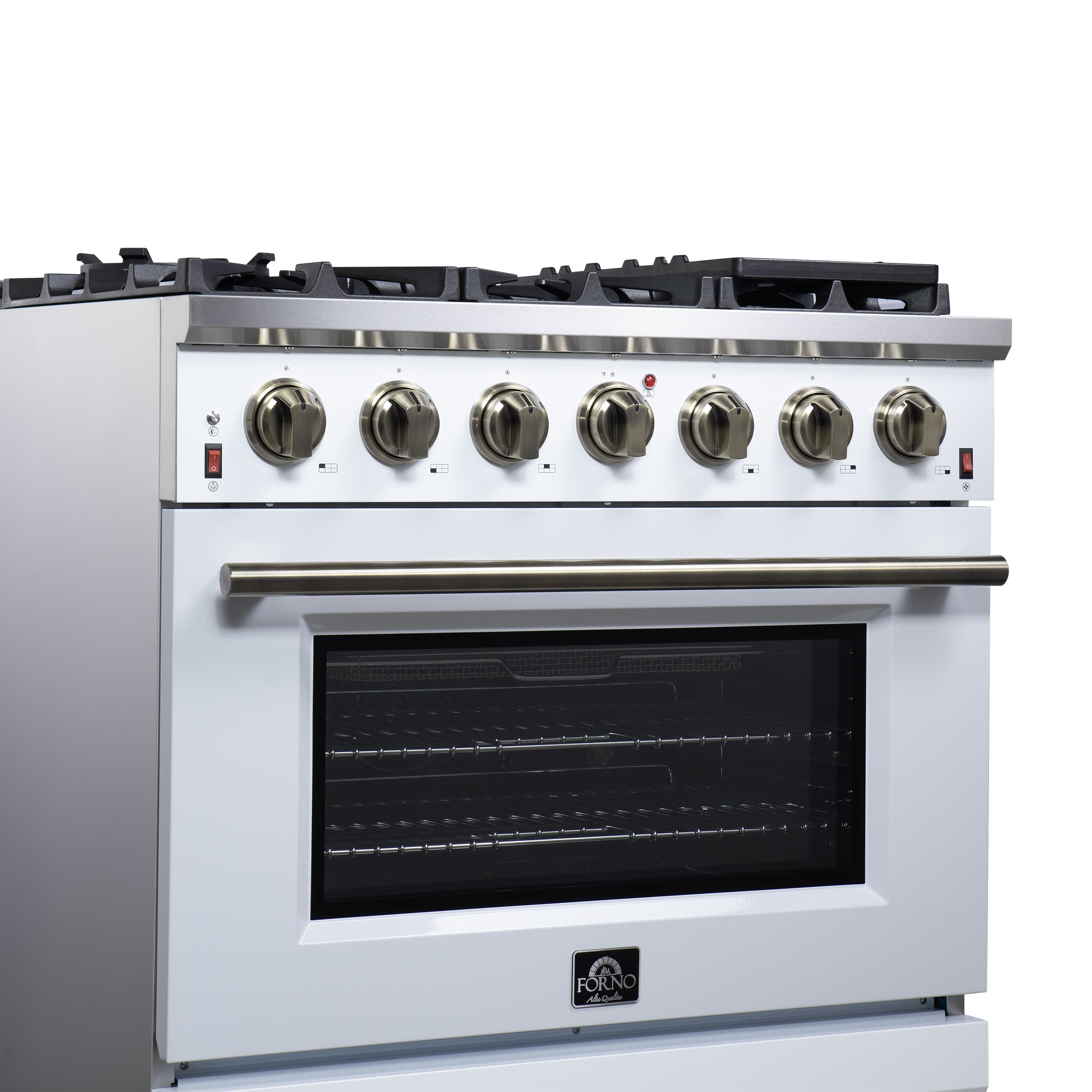 Forno Massimo 36 in. 5.36 cu. ft. 6-Burner White Gas Range with Antique Brass Accents | FFSGS6239-36WHT