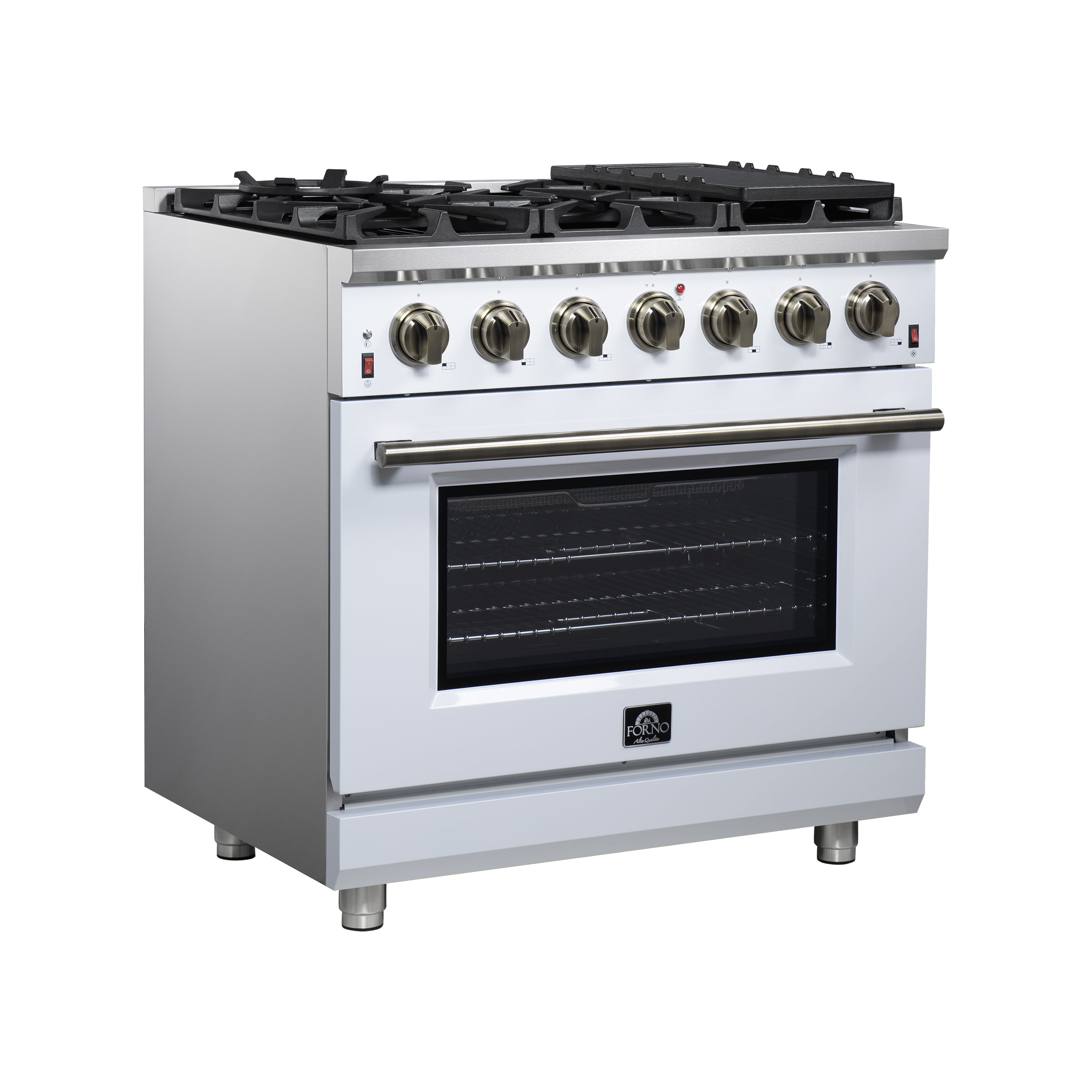 Forno Massimo 36 in. 5.36 cu. ft. 6-Burner White Gas Range with Antique Brass Accents | FFSGS6239-36WHT