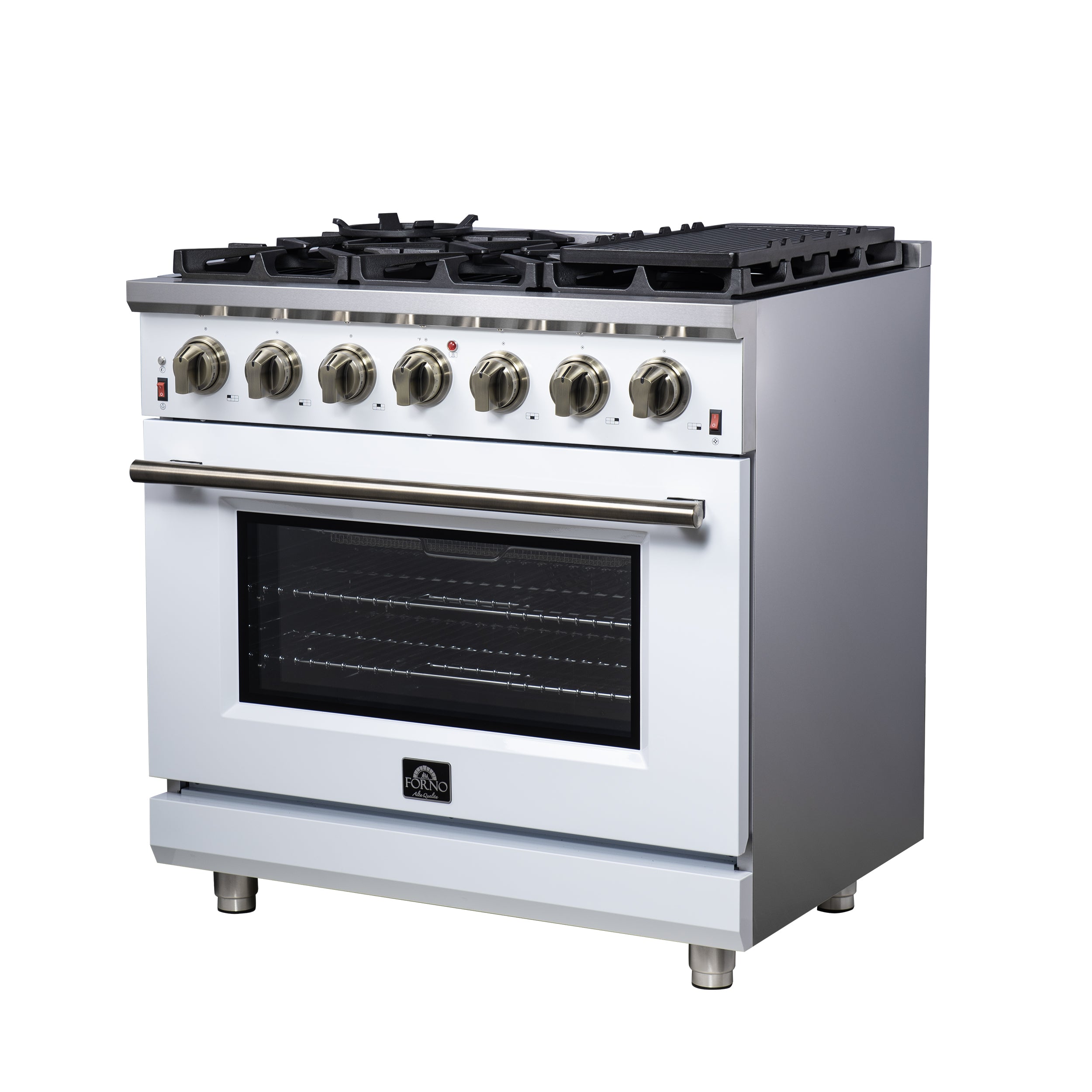 Forno Massimo 36 in. 5.36 cu. ft. 6-Burner White Gas Range with Antique Brass Accents | FFSGS6239-36WHT