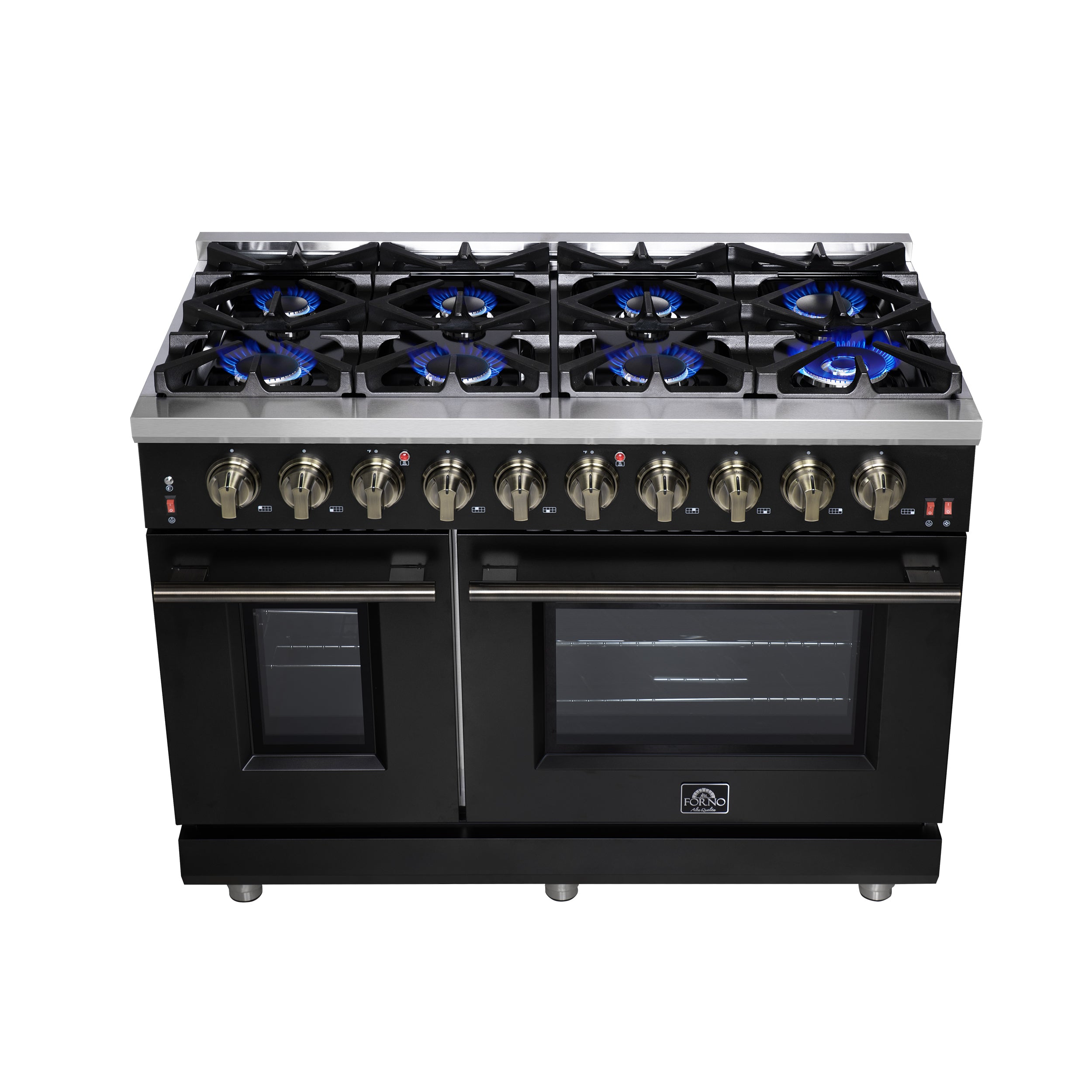 Forno Massimo 48 in. 6.58 cu. ft. 8-Burner Black Gas Range with Antique Brass Accents | FFSGS6239-48BLK