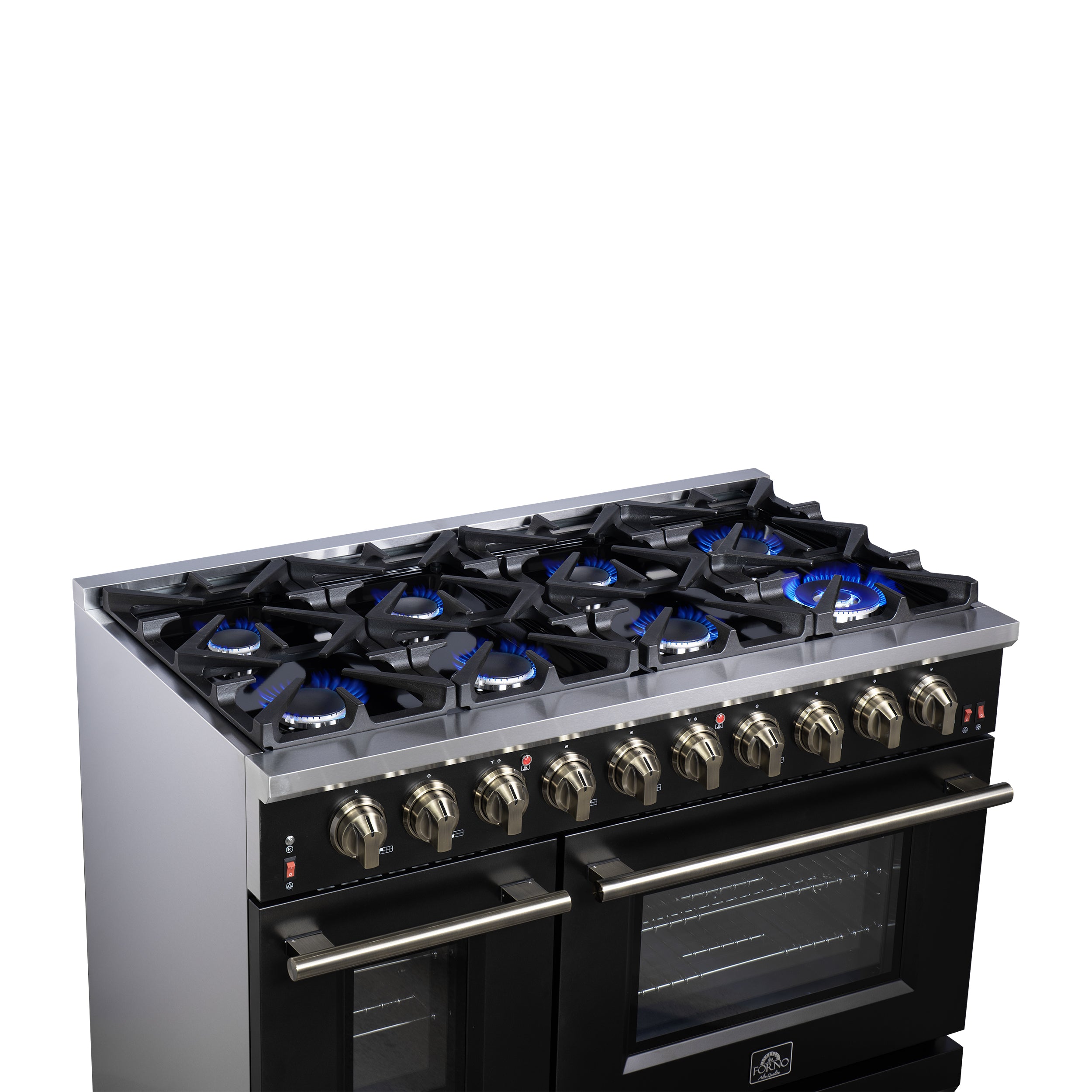 Forno Massimo 48 in. 6.58 cu. ft. 8-Burner Black Gas Range with Antique Brass Accents | FFSGS6239-48BLK