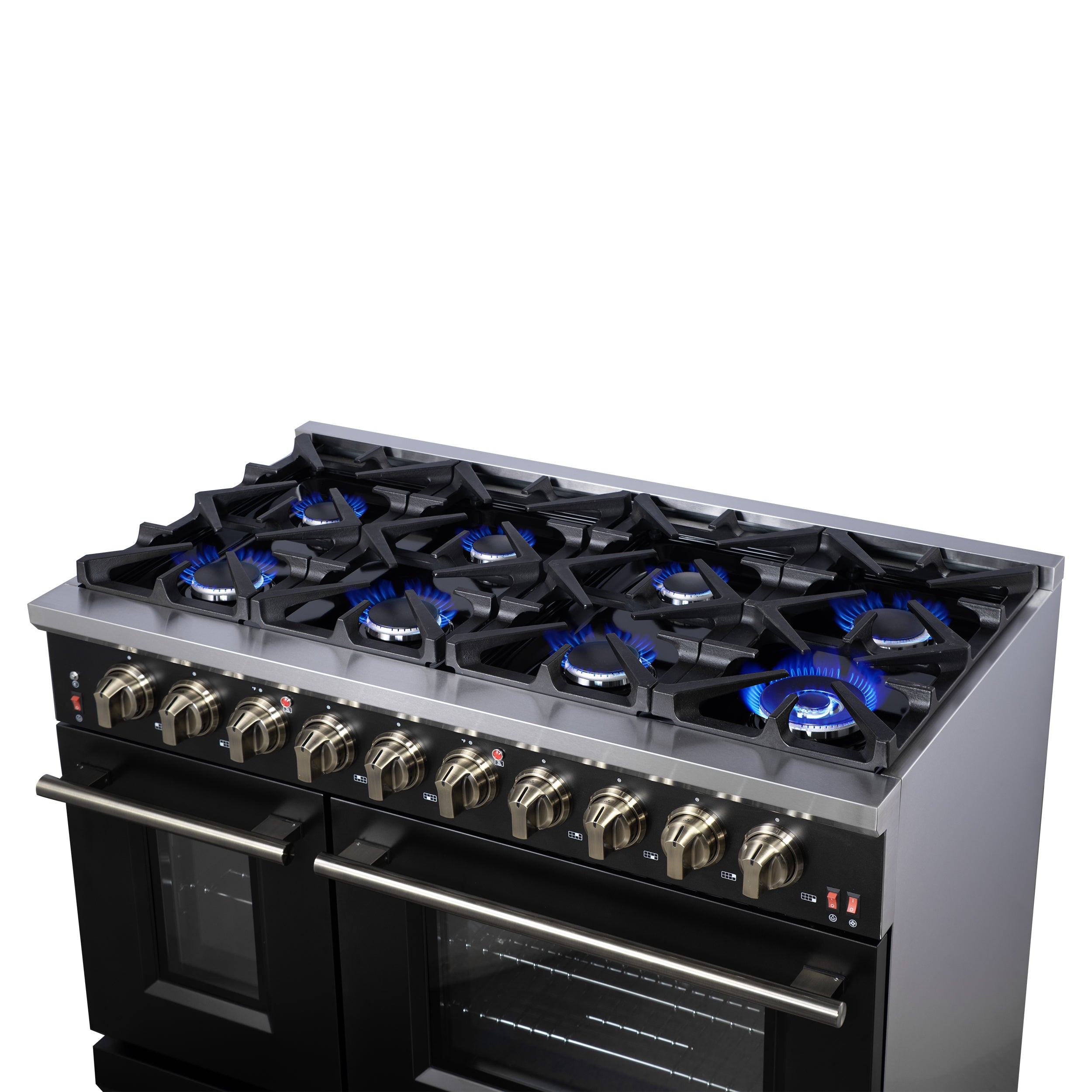 Forno Massimo 48 in. 6.58 cu. ft. 8-Burner Black Gas Range with Antique Brass Accents | FFSGS6239-48BLK
