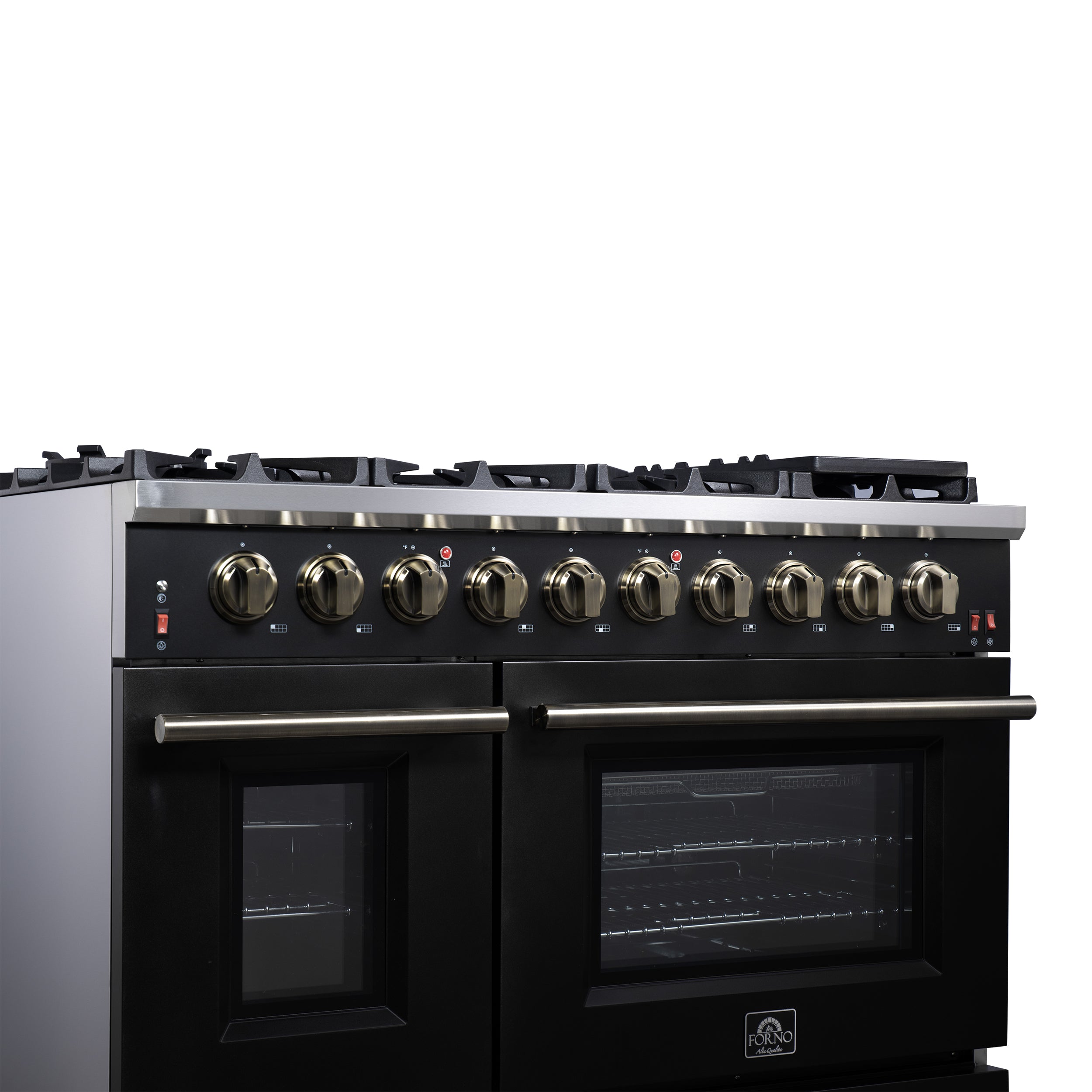 Forno Massimo 48 in. 6.58 cu. ft. 8-Burner Black Gas Range with Antique Brass Accents | FFSGS6239-48BLK