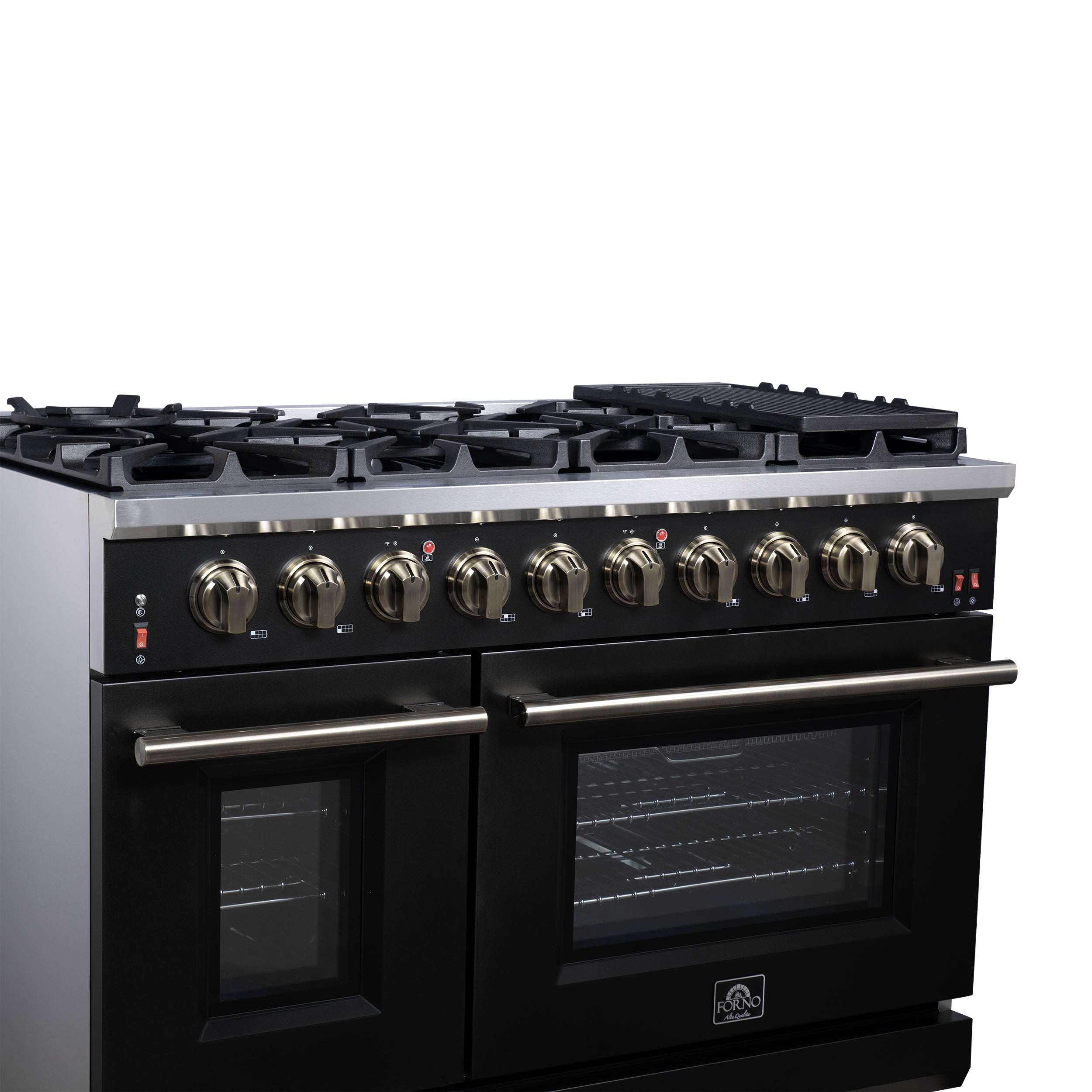 Forno Massimo 48 in. 6.58 cu. ft. 8-Burner Black Gas Range with Antique Brass Accents | FFSGS6239-48BLK