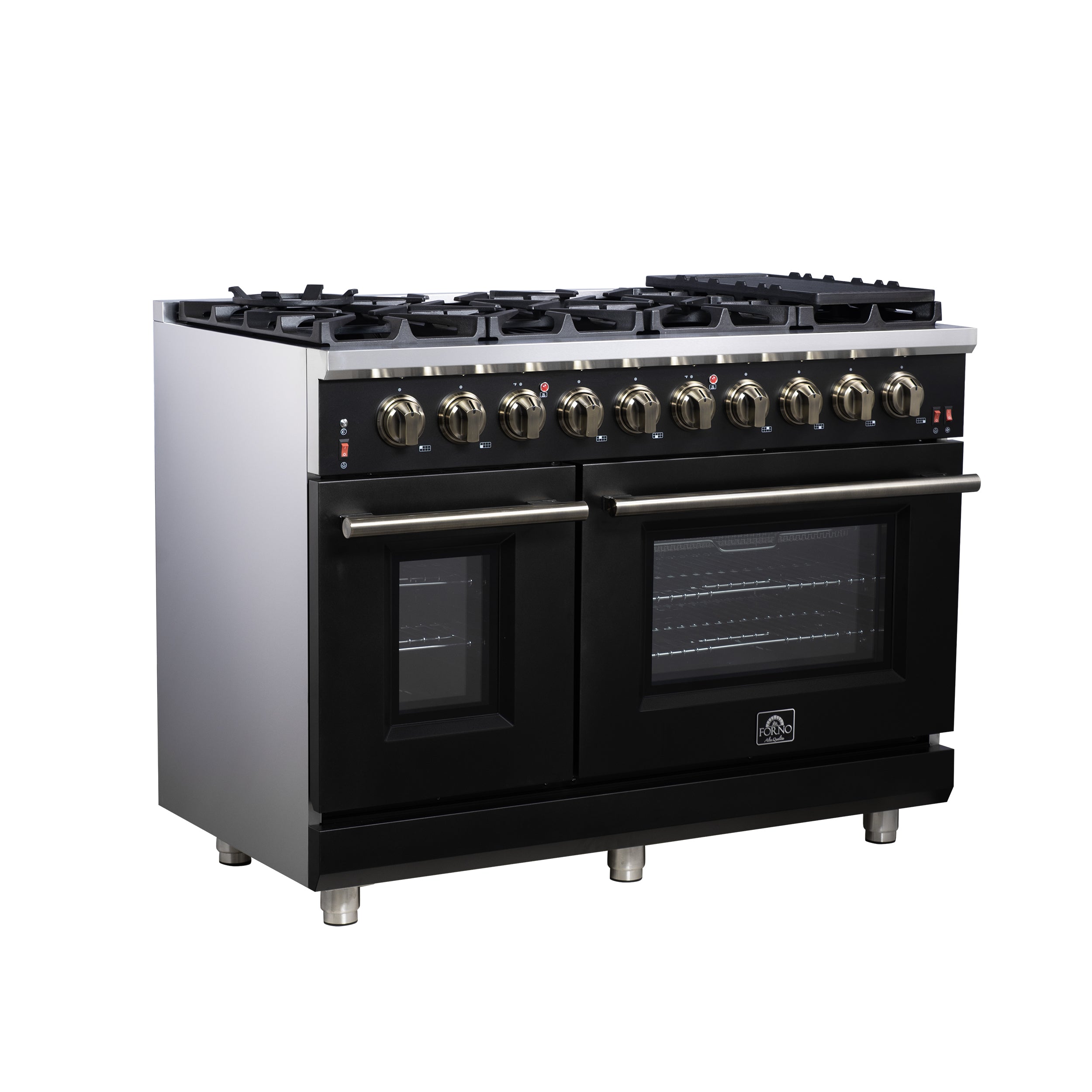 Forno Massimo 48 in. 6.58 cu. ft. 8-Burner Black Gas Range with Antique Brass Accents | FFSGS6239-48BLK