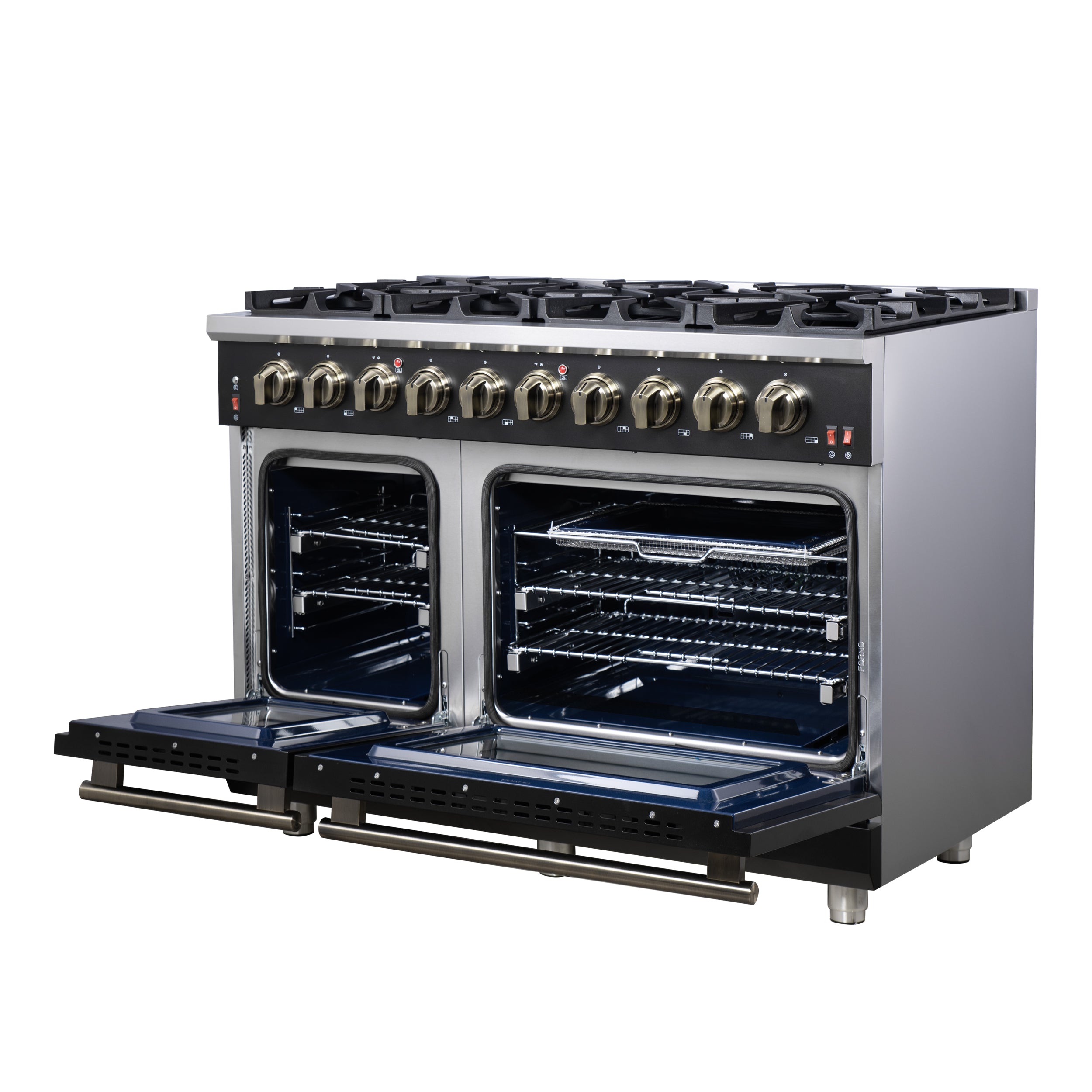 Forno Massimo 48 in. 6.58 cu. ft. 8-Burner Black Gas Range with Antique Brass Accents | FFSGS6239-48BLK