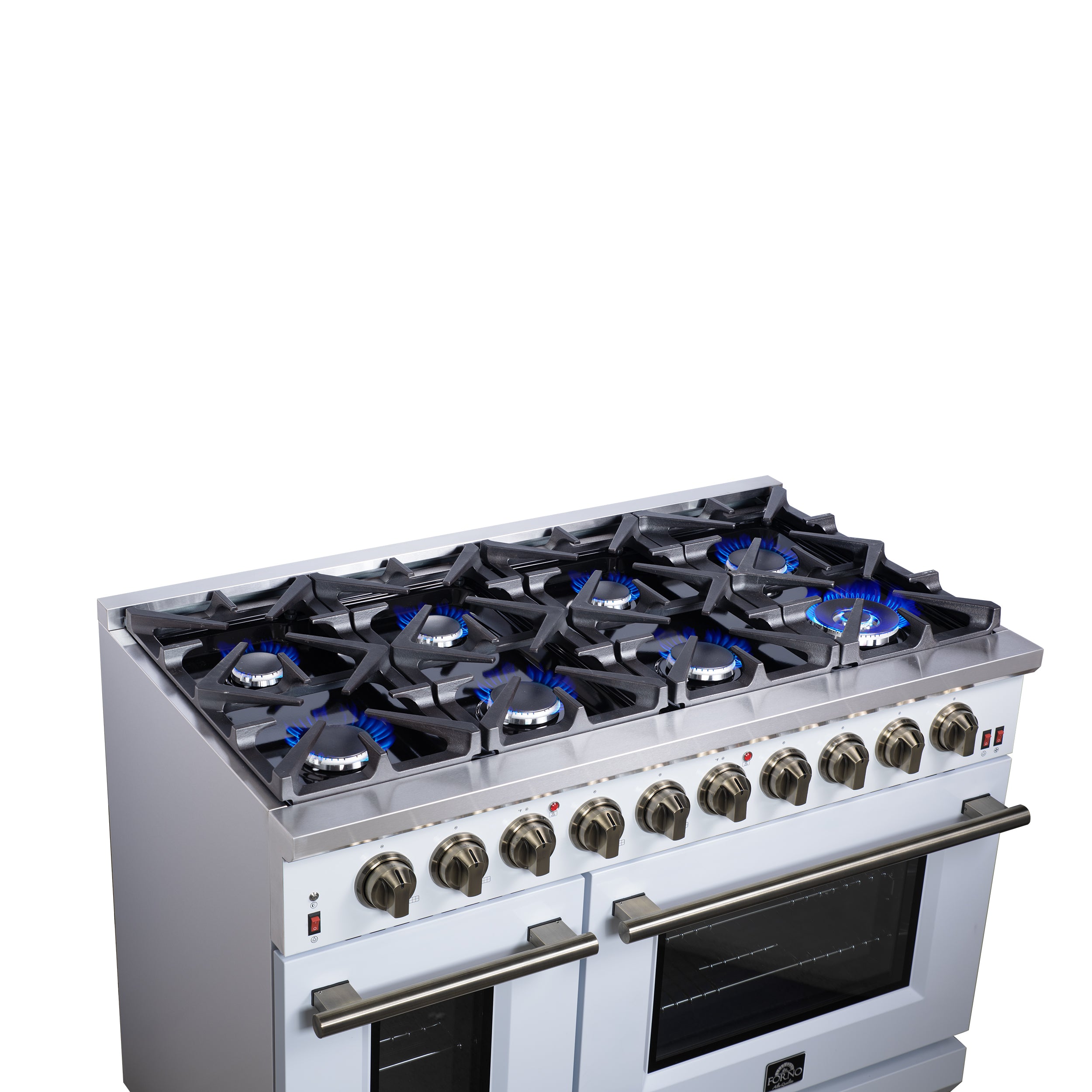 Forno Massimo 48 in. 6.58 cu. ft. 8-Burner White Gas Range with Antique Brass Accents | FFSGS6239-48WHT
