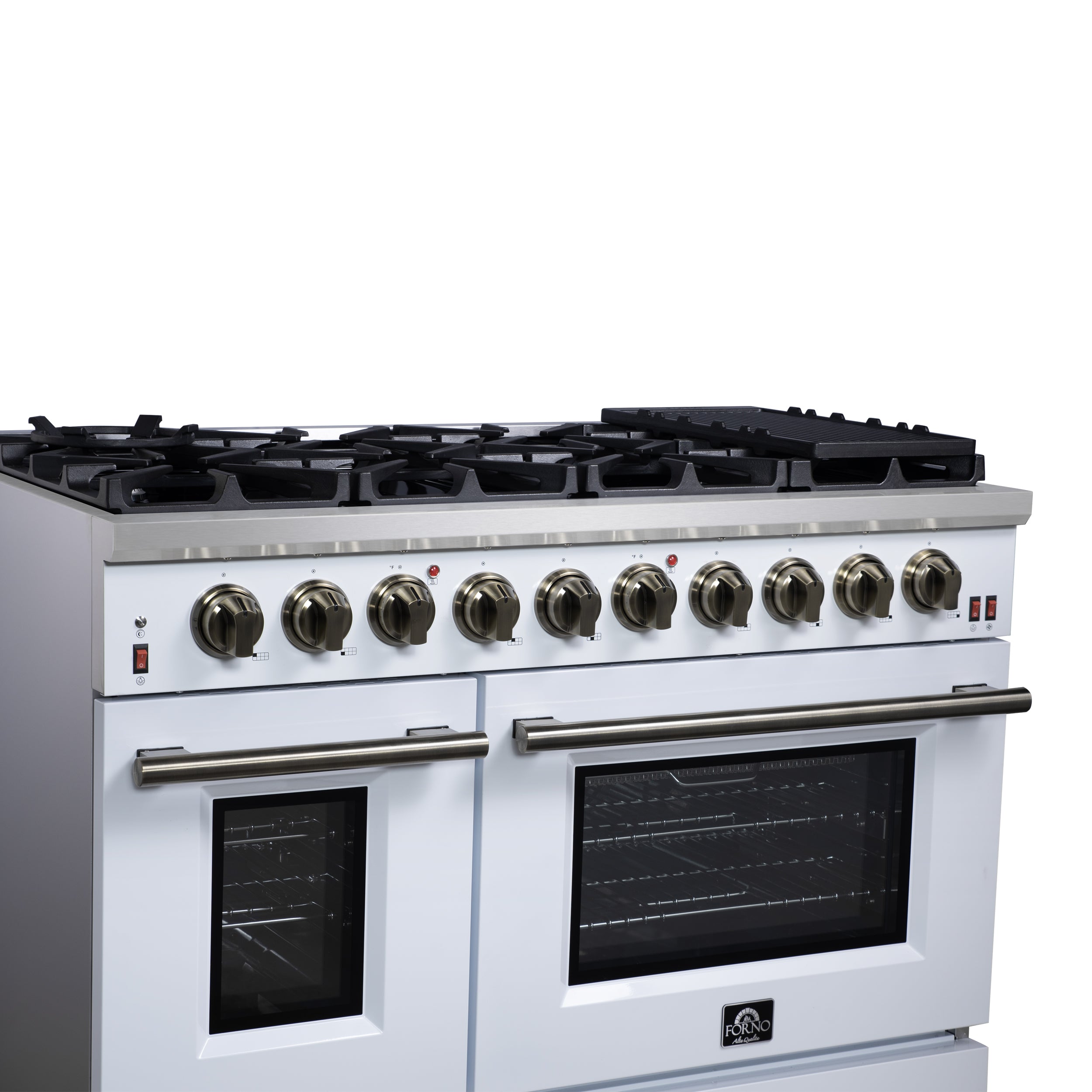 Forno Massimo 48 in. 6.58 cu. ft. 8-Burner White Gas Range with Antique Brass Accents | FFSGS6239-48WHT