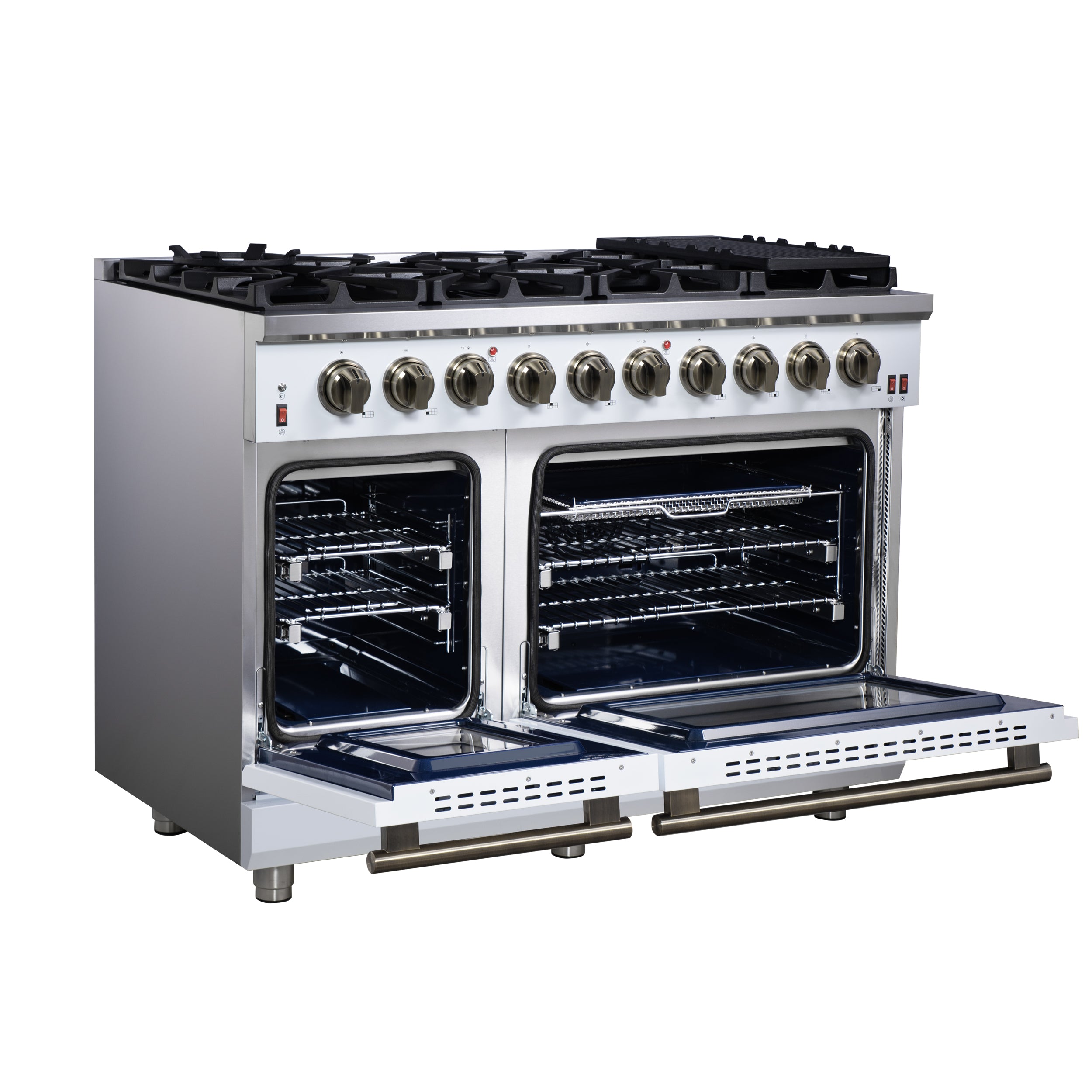 Forno Massimo 48 in. 6.58 cu. ft. 8-Burner White Gas Range with Antique Brass Accents | FFSGS6239-48WHT