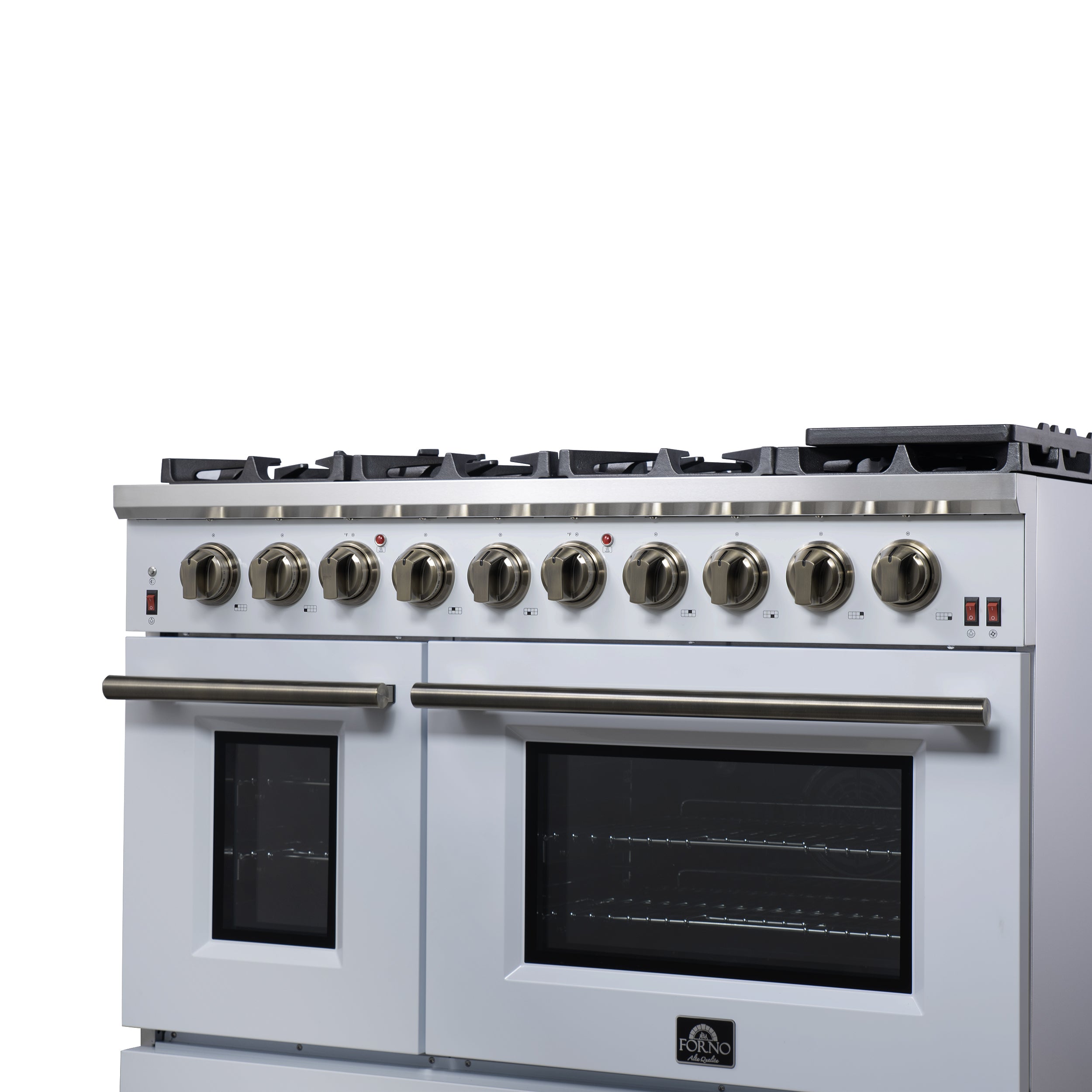 Forno Massimo 48 in. 6.58 cu. ft. 8-Burner White Gas Range with Antique Brass Accents | FFSGS6239-48WHT