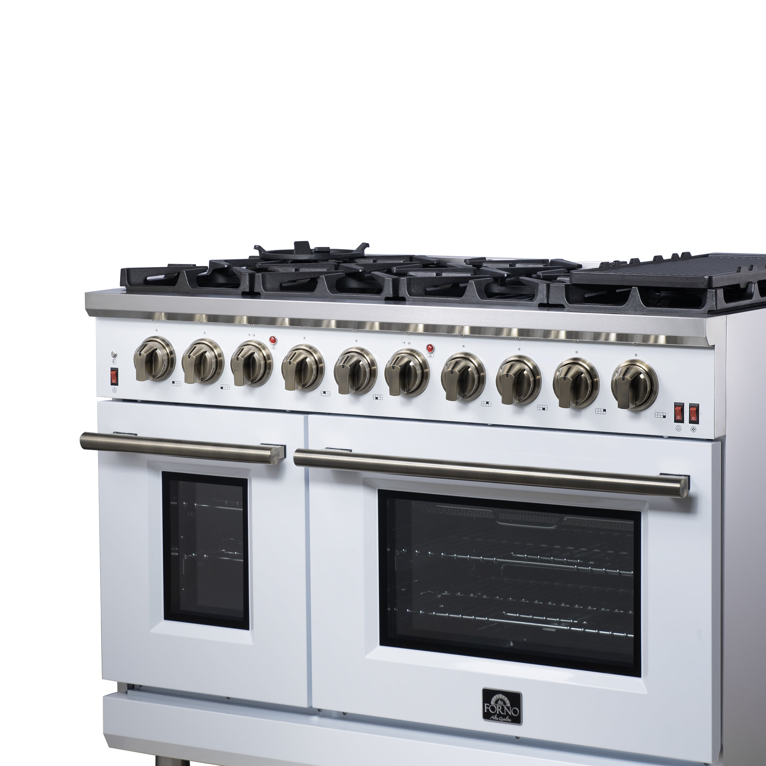 Forno Massimo 48 in. 6.58 cu. ft. 8-Burner White Gas Range with Antique Brass Accents | FFSGS6239-48WHT