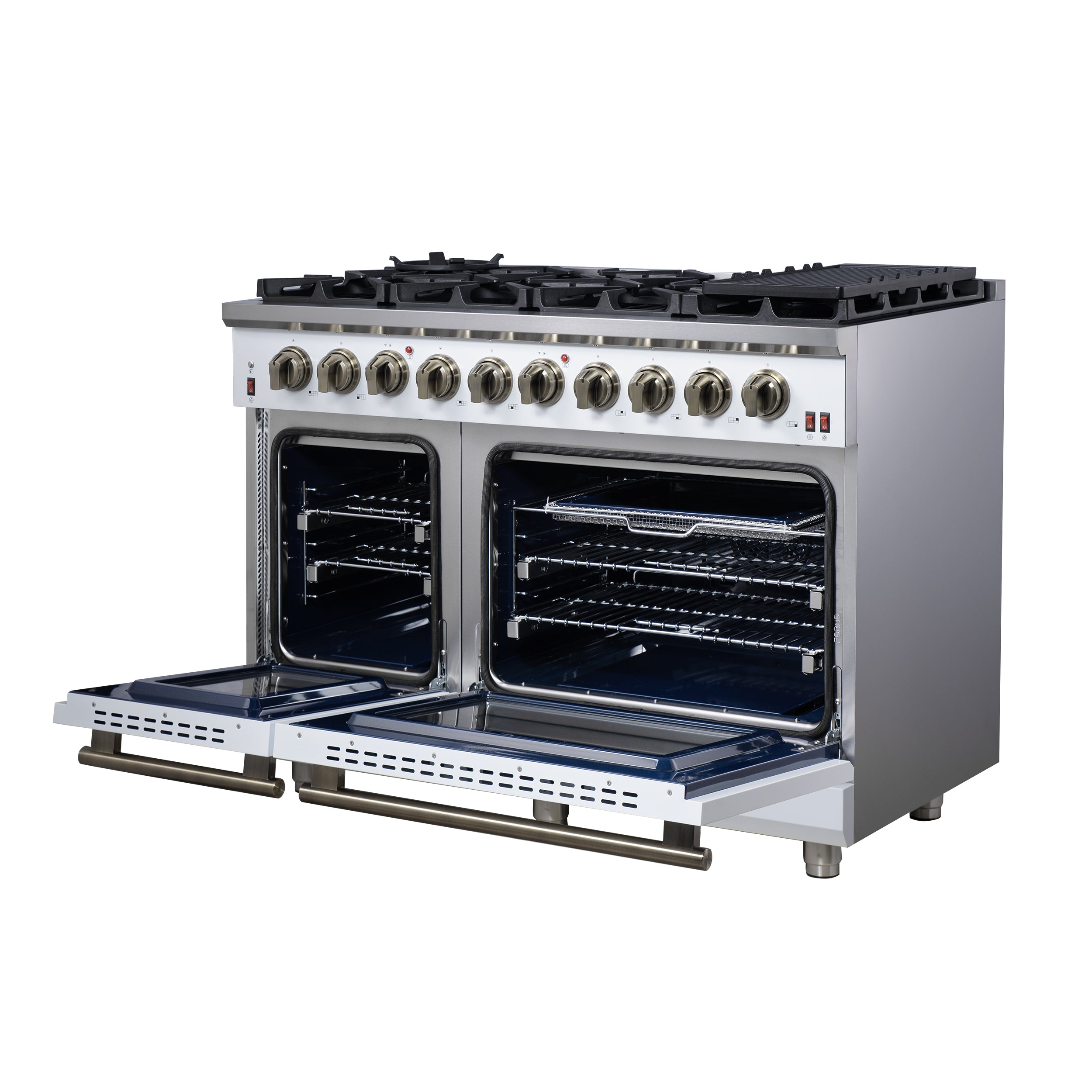 Forno Massimo 48 in. 6.58 cu. ft. 8-Burner White Gas Range with Antique Brass Accents | FFSGS6239-48WHT